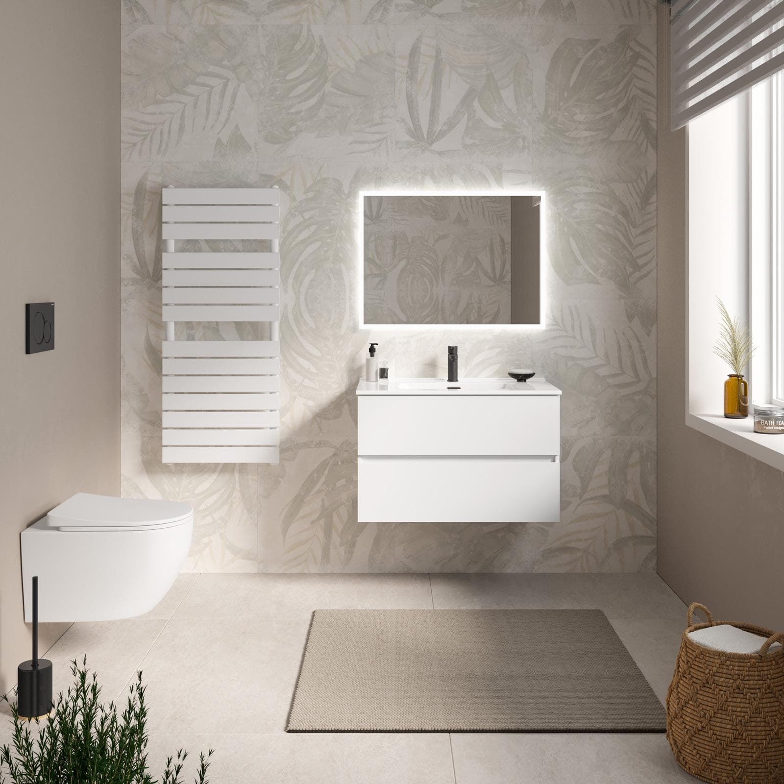 Mobile bagno sospeso con cassetti 80 cm bianco opaco con lavabo e specchio - Cuki