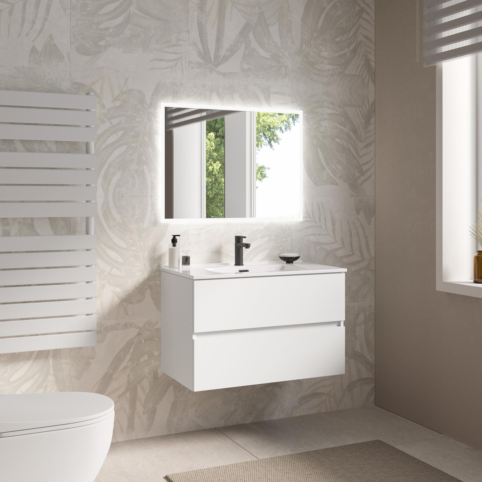 Mobile bagno sospeso con cassetti 80 cm bianco opaco con lavabo e specchio - Cuki