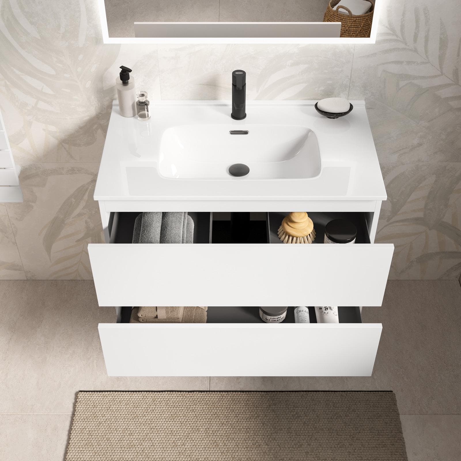 Mobile bagno sospeso con cassetti 80 cm bianco opaco con lavabo e specchio - Cuki