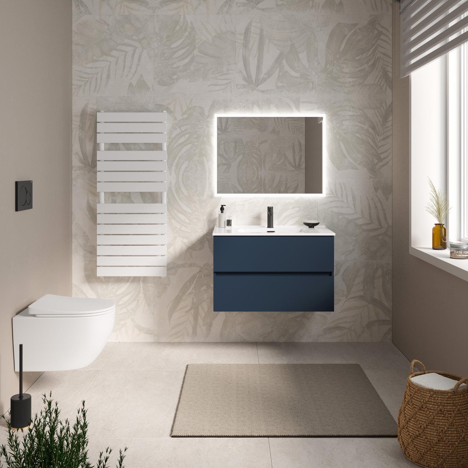 Mobile bagno sospeso con cassetti 80 cm blu opaco con lavabo e specchio - Cuki