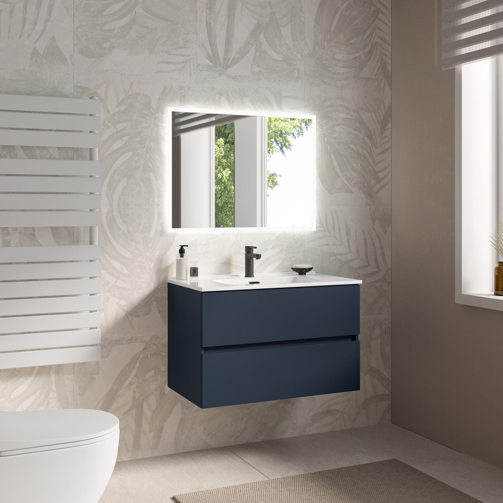 Mobile bagno sospeso con cassetti 80 cm blu opaco con lavabo e specchio - Cuki
