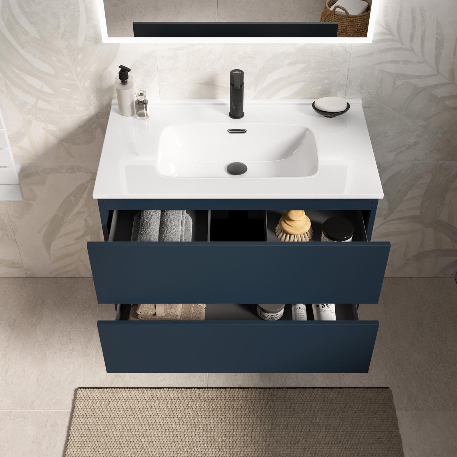 Mobile bagno sospeso con cassetti 80 cm blu opaco con lavabo e specchio - Cuki