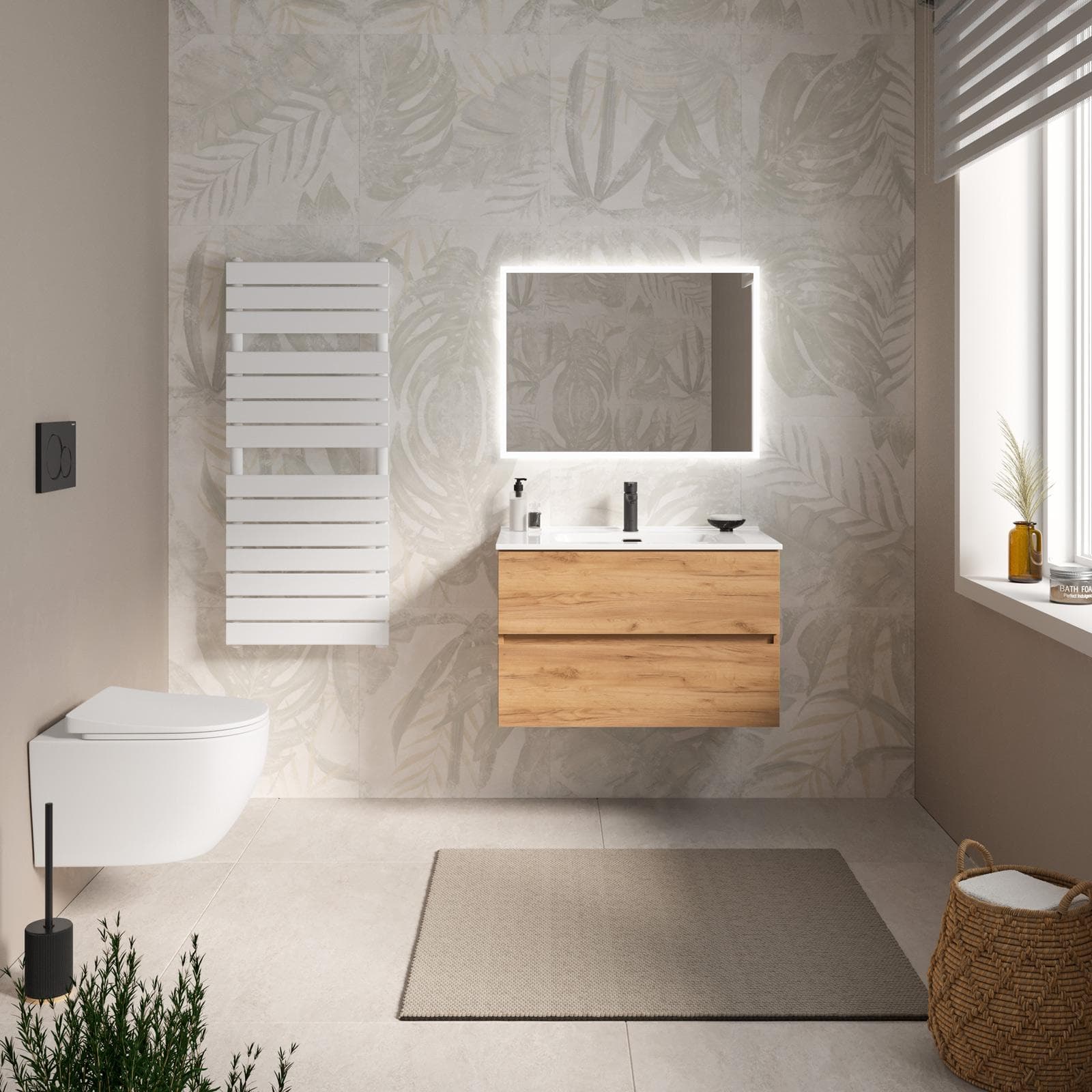 Mobile bagno sospeso con cassetti 80 cm rovere gold con lavabo e specchio - Cuki