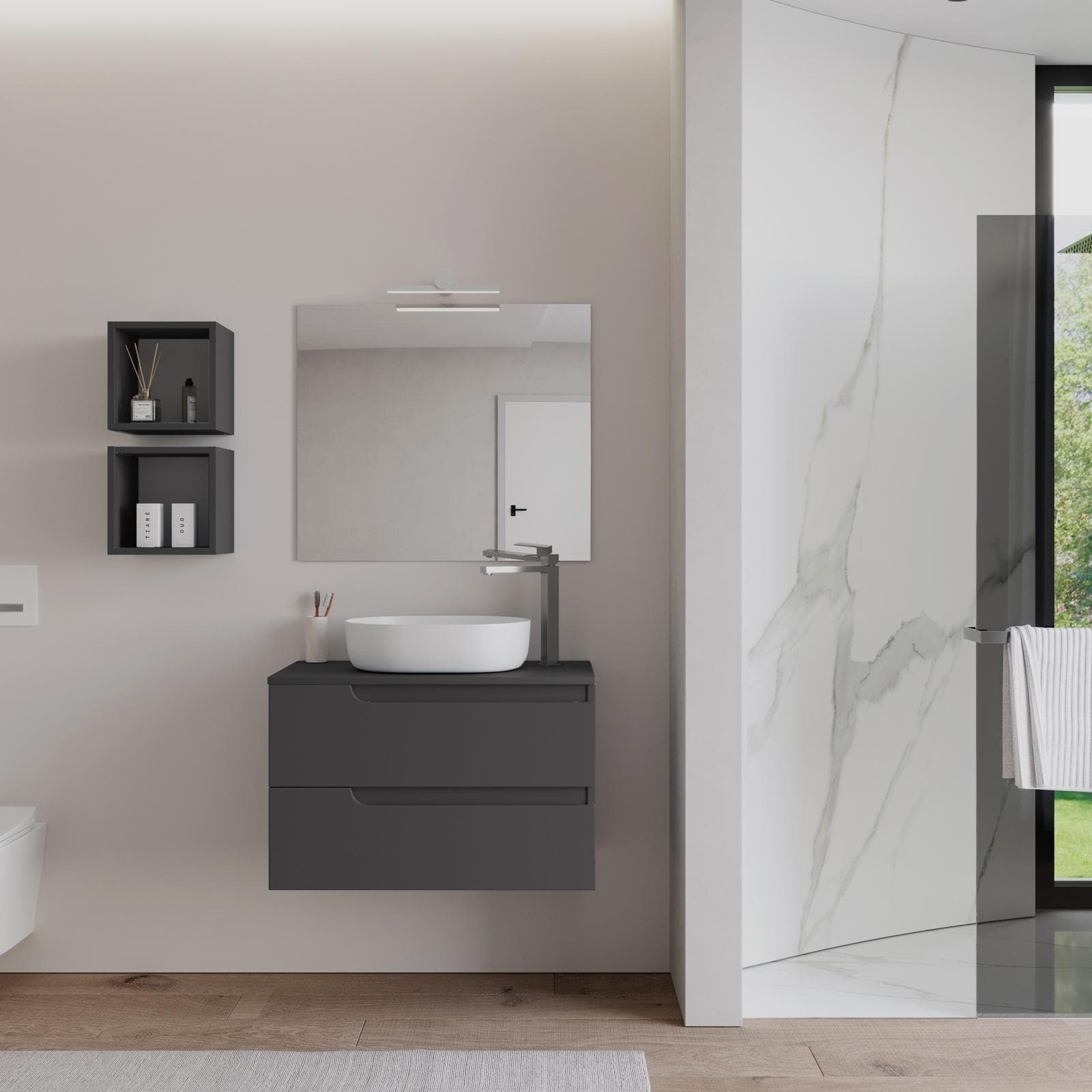 Mobile bagno sospeso 80 cm con top antracite e specchio - Agave Plus