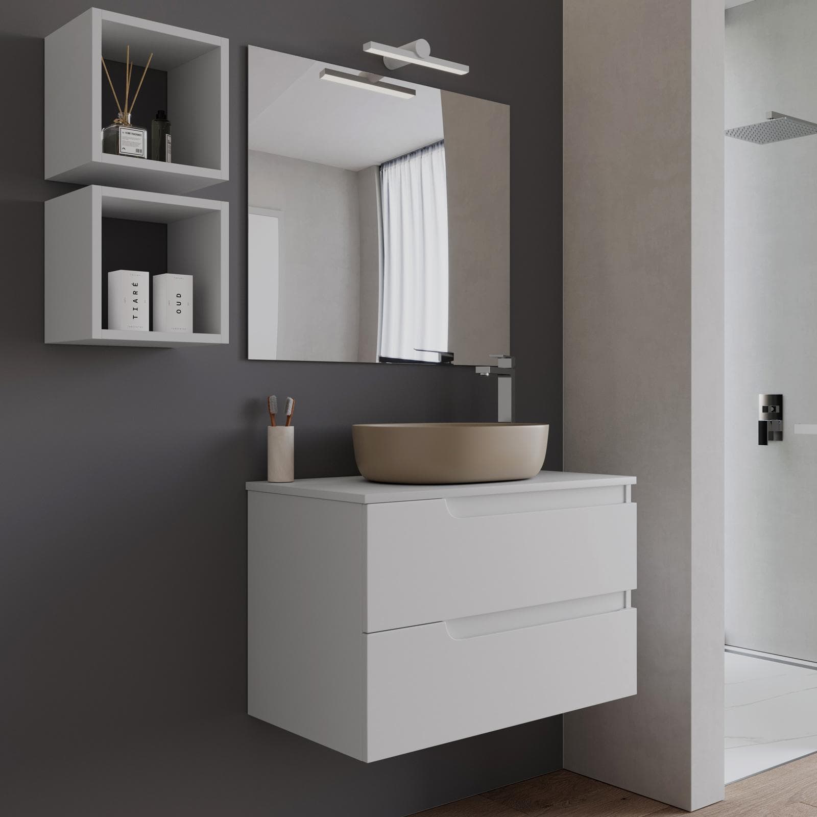 Mobile bagno sospeso 80 cm con top bianco opaco e specchio - Agave Plus