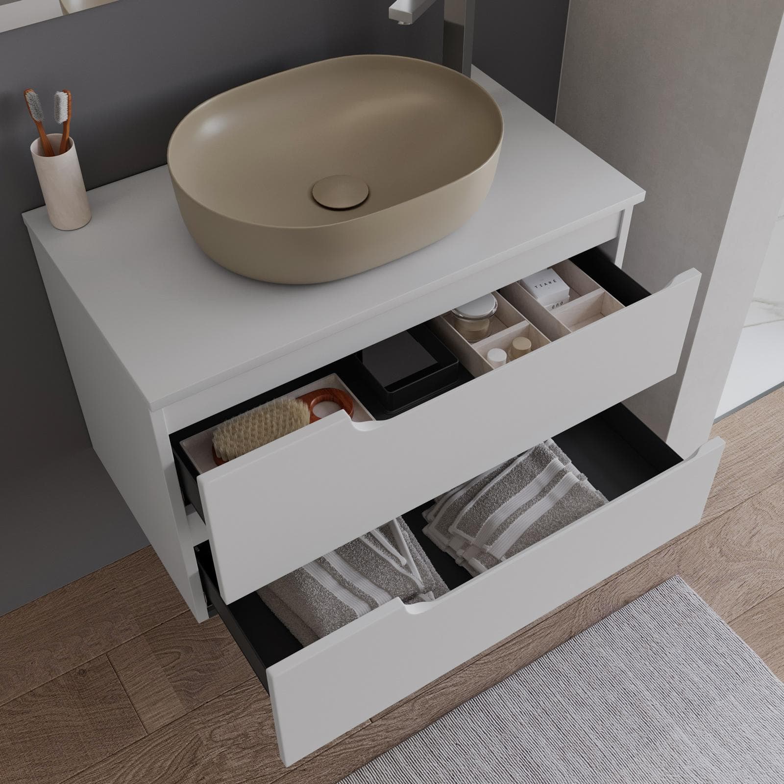 Mobile bagno sospeso 80 cm con top bianco opaco e specchio - Agave Plus