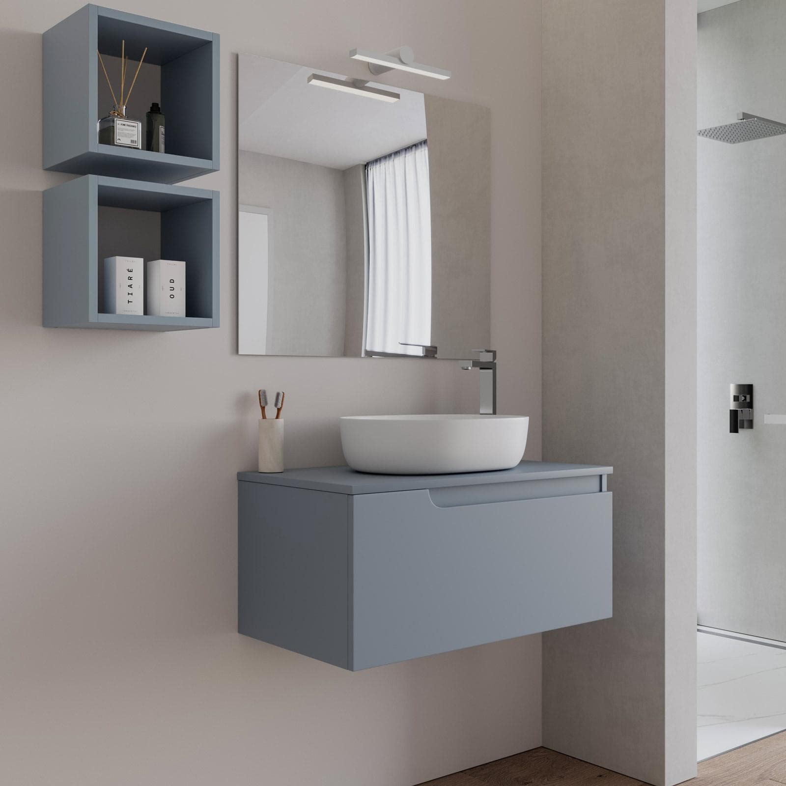 Mobile bagno sospeso 80 cm con top carta da zucchero e specchio - Agave