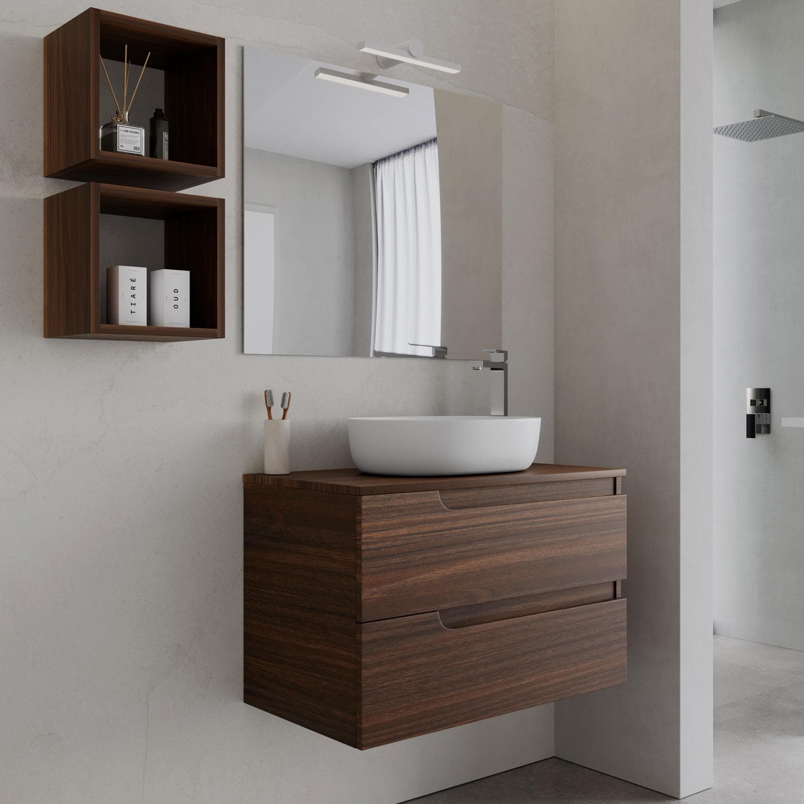 Mobile bagno sospeso 80 cm con top rovere deciso e specchio - Agave Plus