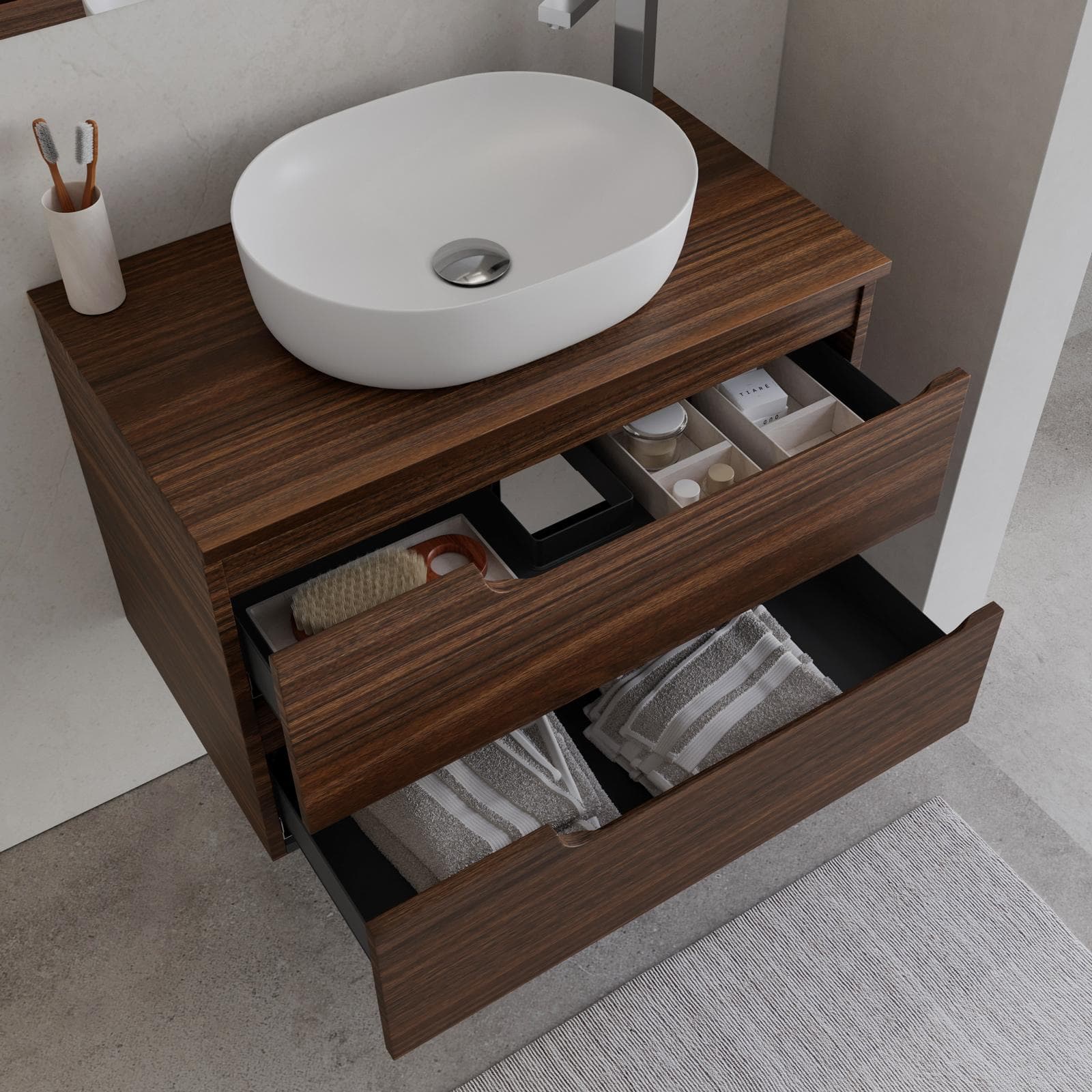 Mobile bagno sospeso 80 cm con top rovere deciso e specchio - Agave Plus