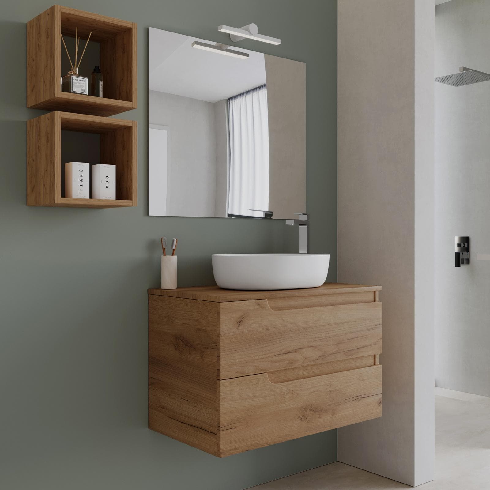 Mobile bagno sospeso 80 cm con top rovere gold e specchio - Agave Plus