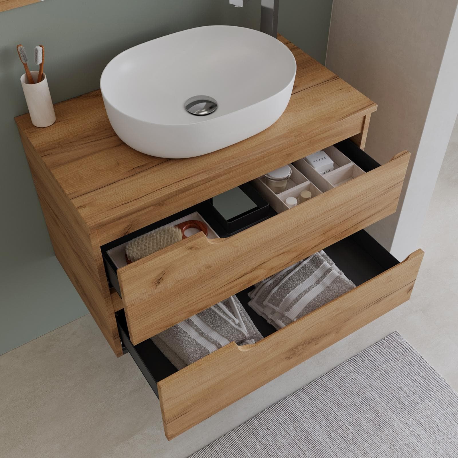 Mobile bagno sospeso 80 cm con top rovere gold e specchio - Agave Plus