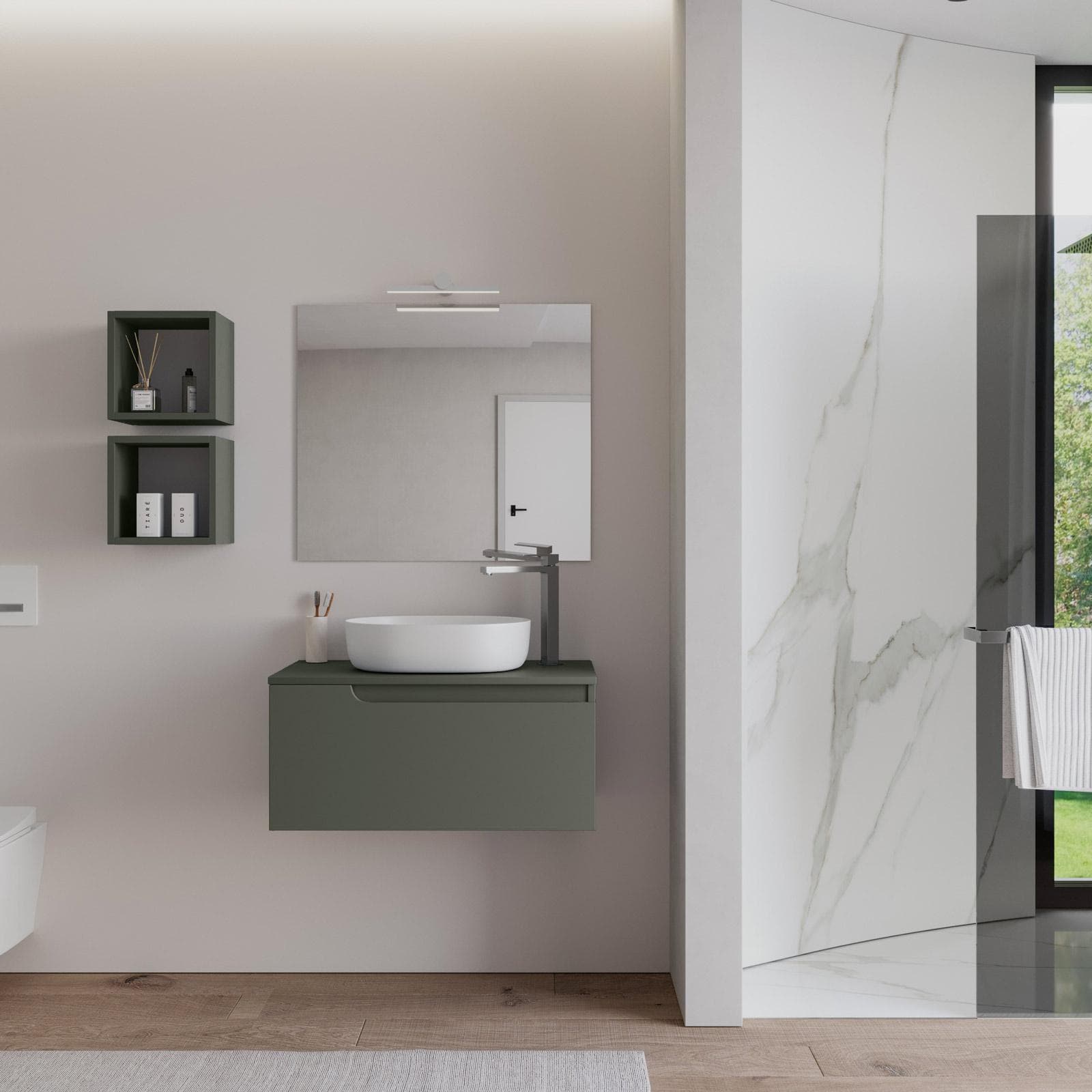 Mobile bagno sospeso 80 cm con top verde cemento e specchio - Agave