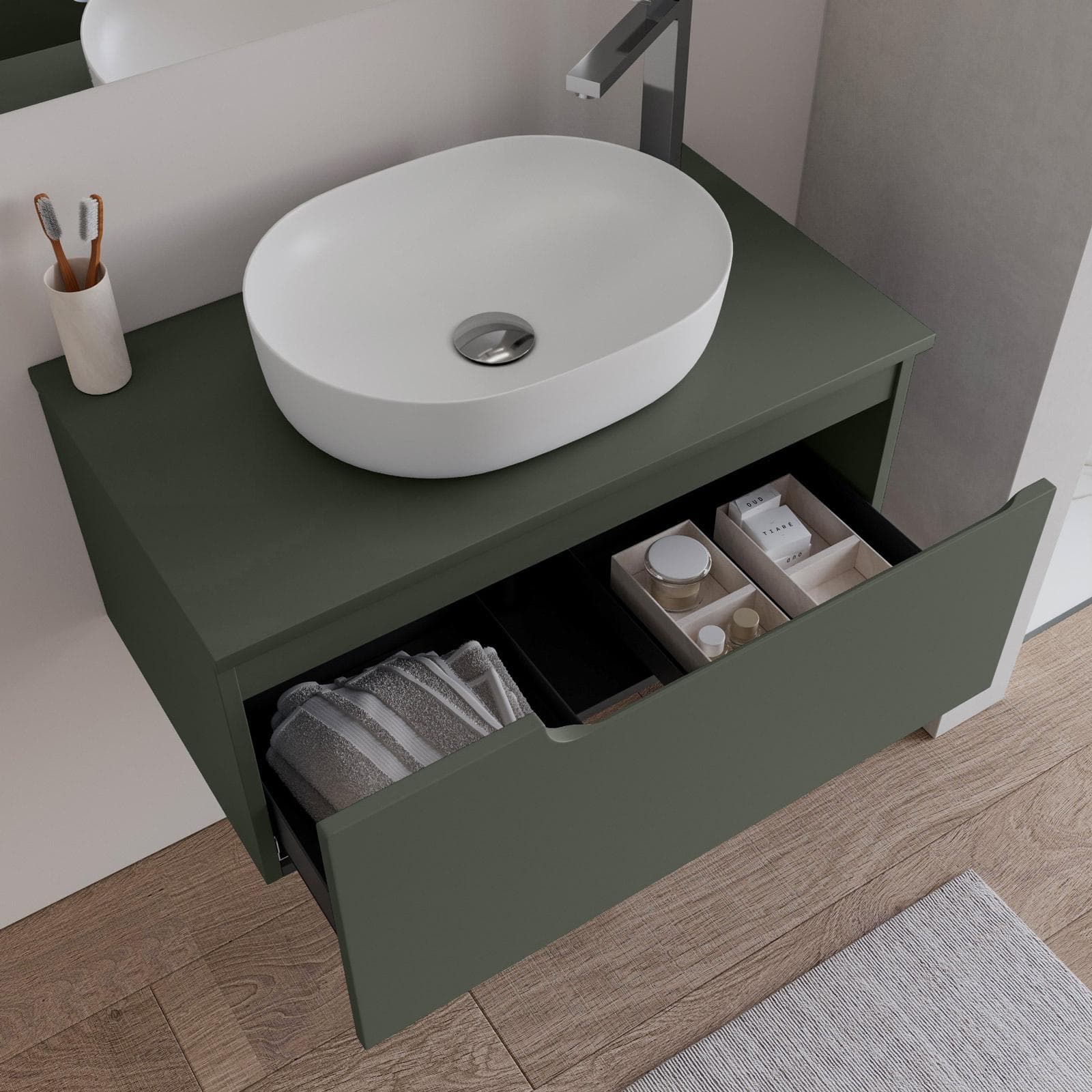 Mobile bagno sospeso 80 cm con top verde cemento e specchio - Agave