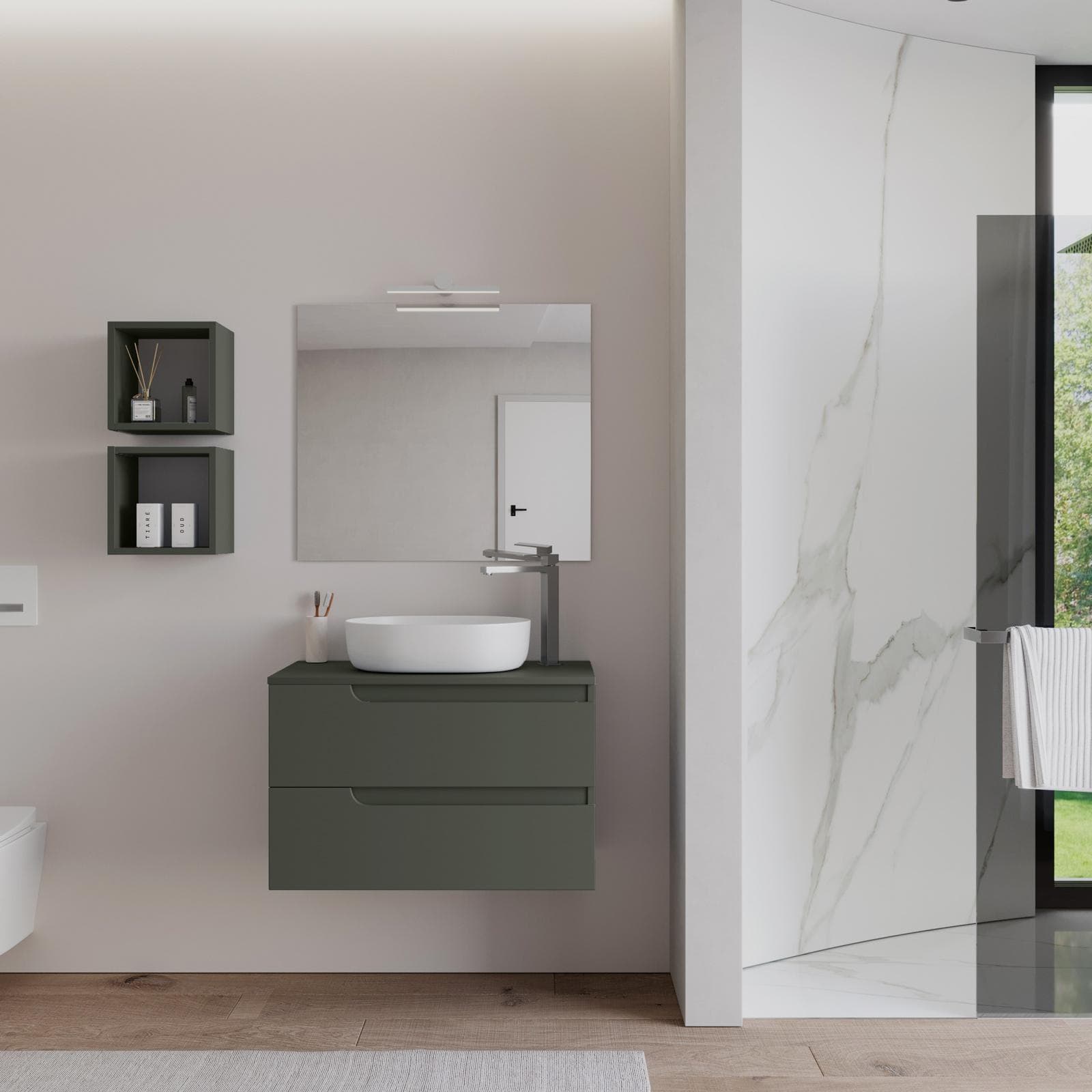 Mobile bagno sospeso 80 cm con top verde cemento e specchio - Agave Plus