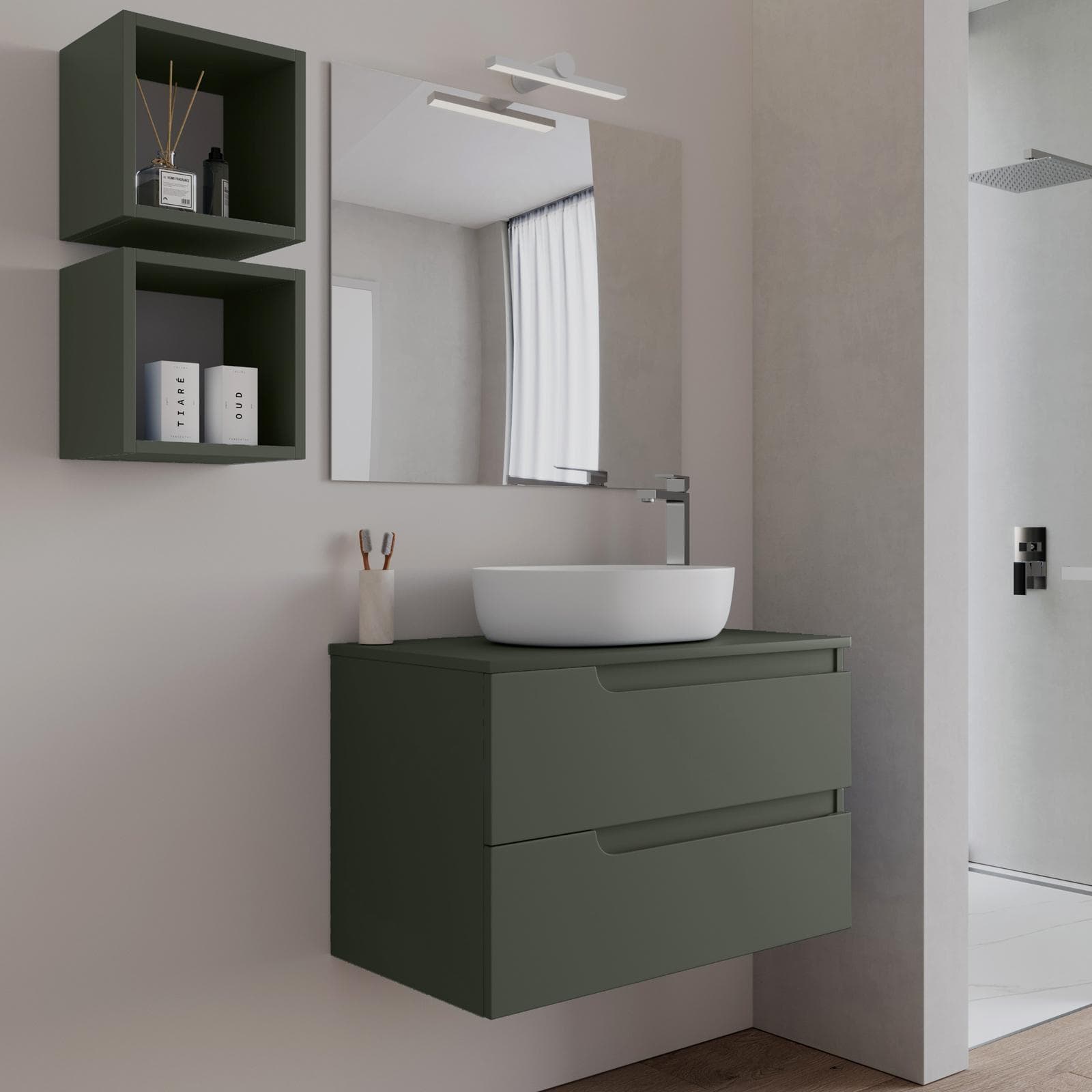 Mobile bagno sospeso 80 cm con top verde cemento e specchio - Agave Plus
