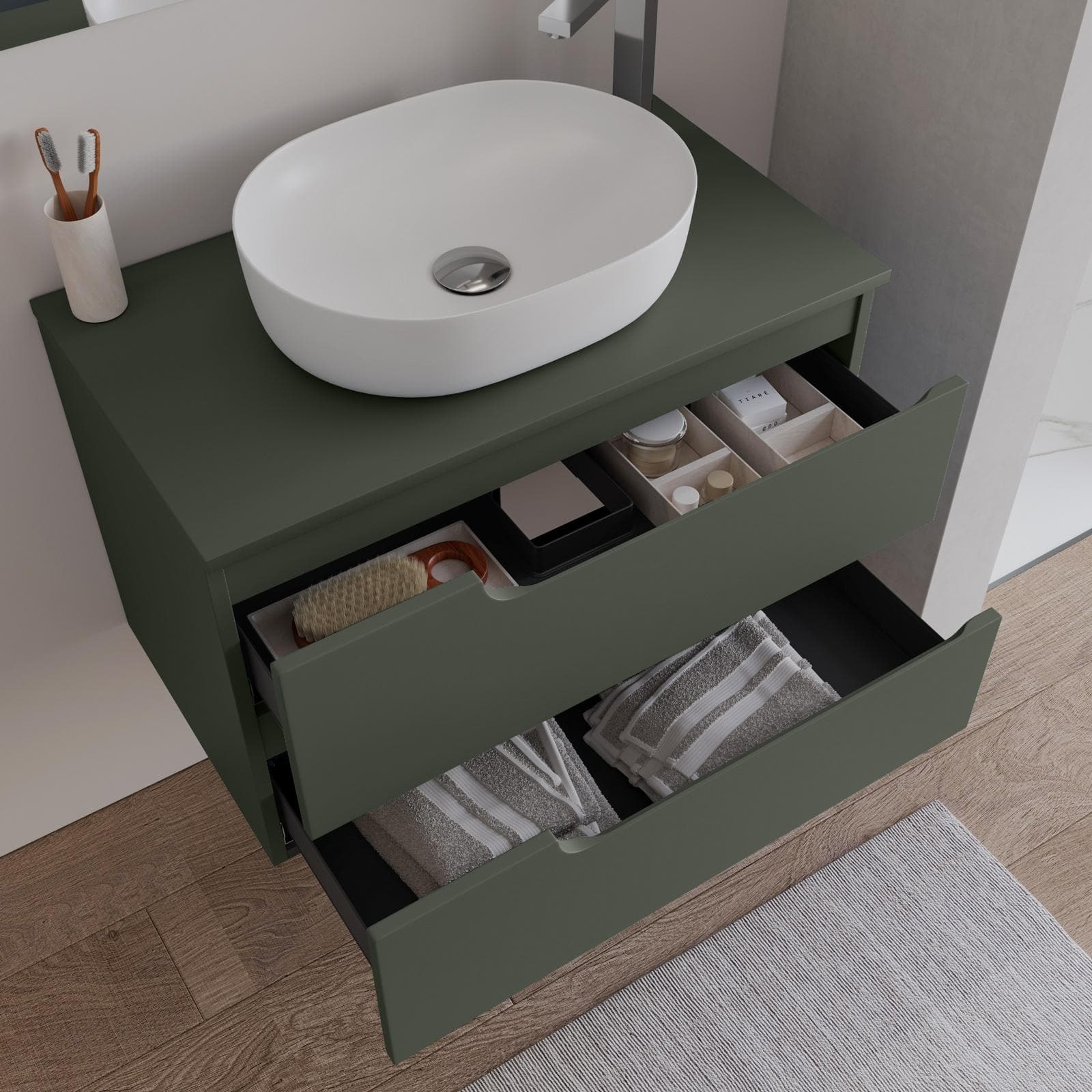 Mobile bagno sospeso 80 cm con top verde cemento e specchio - Agave Plus