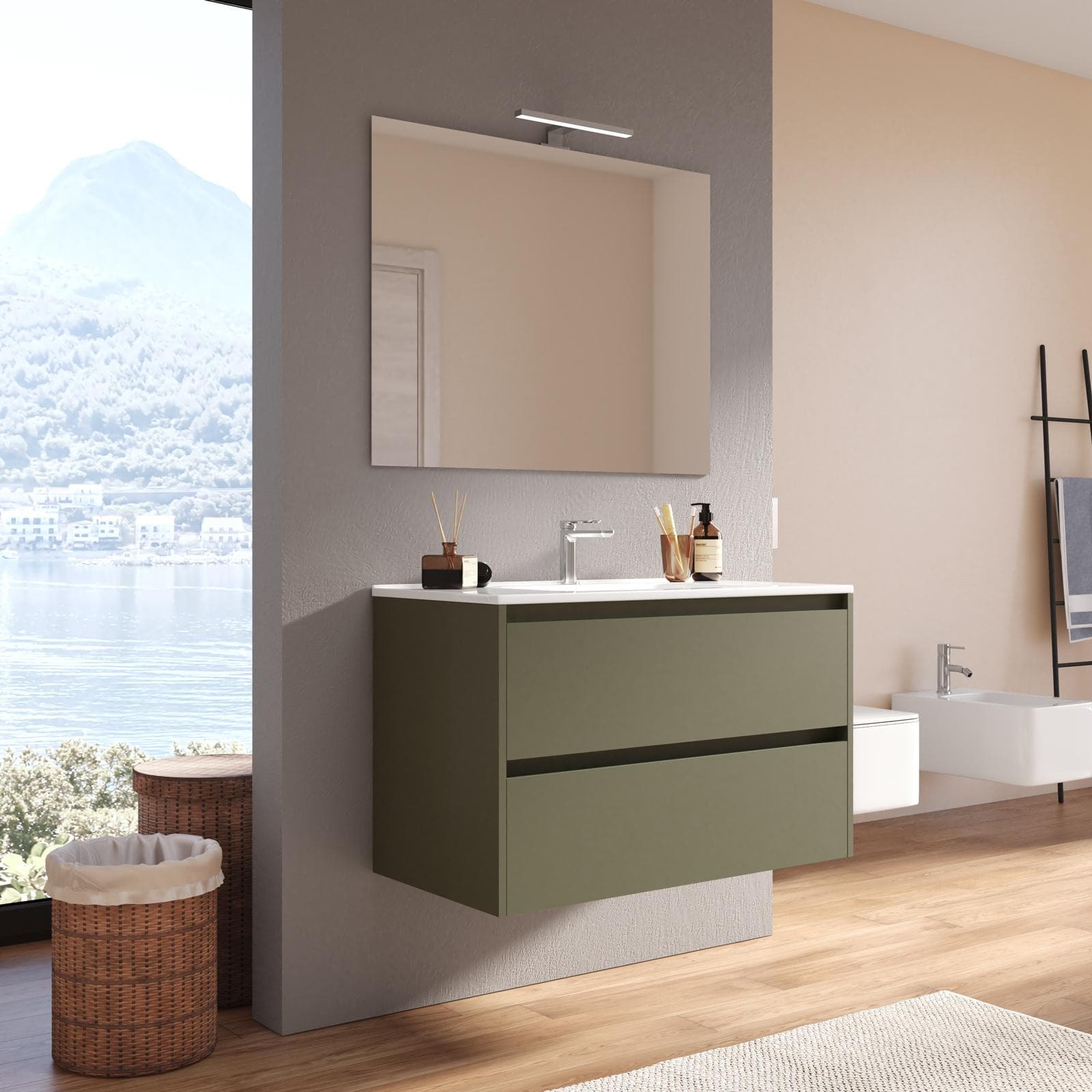 Mobile bagno sospeso 80 cm green satinato con cassetti e lavabo con specchio - Medora