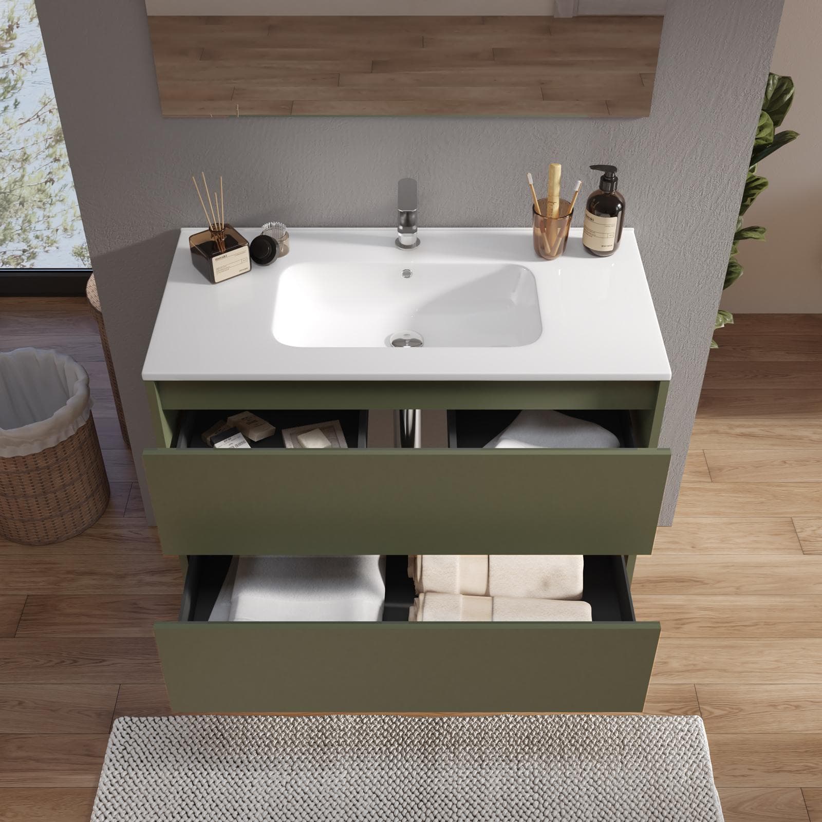 Mobile bagno sospeso 80 cm green satinato con cassetti e lavabo con specchio - Medora
