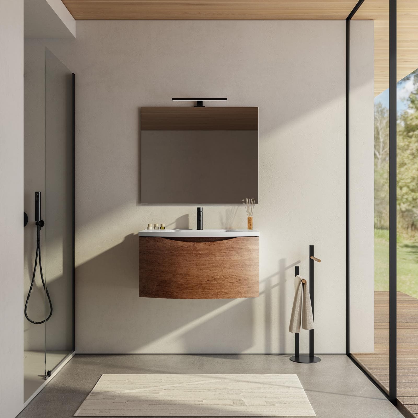 Mobile bagno sospeso 80 cm effetto legno di noce con specchio - Jasmine