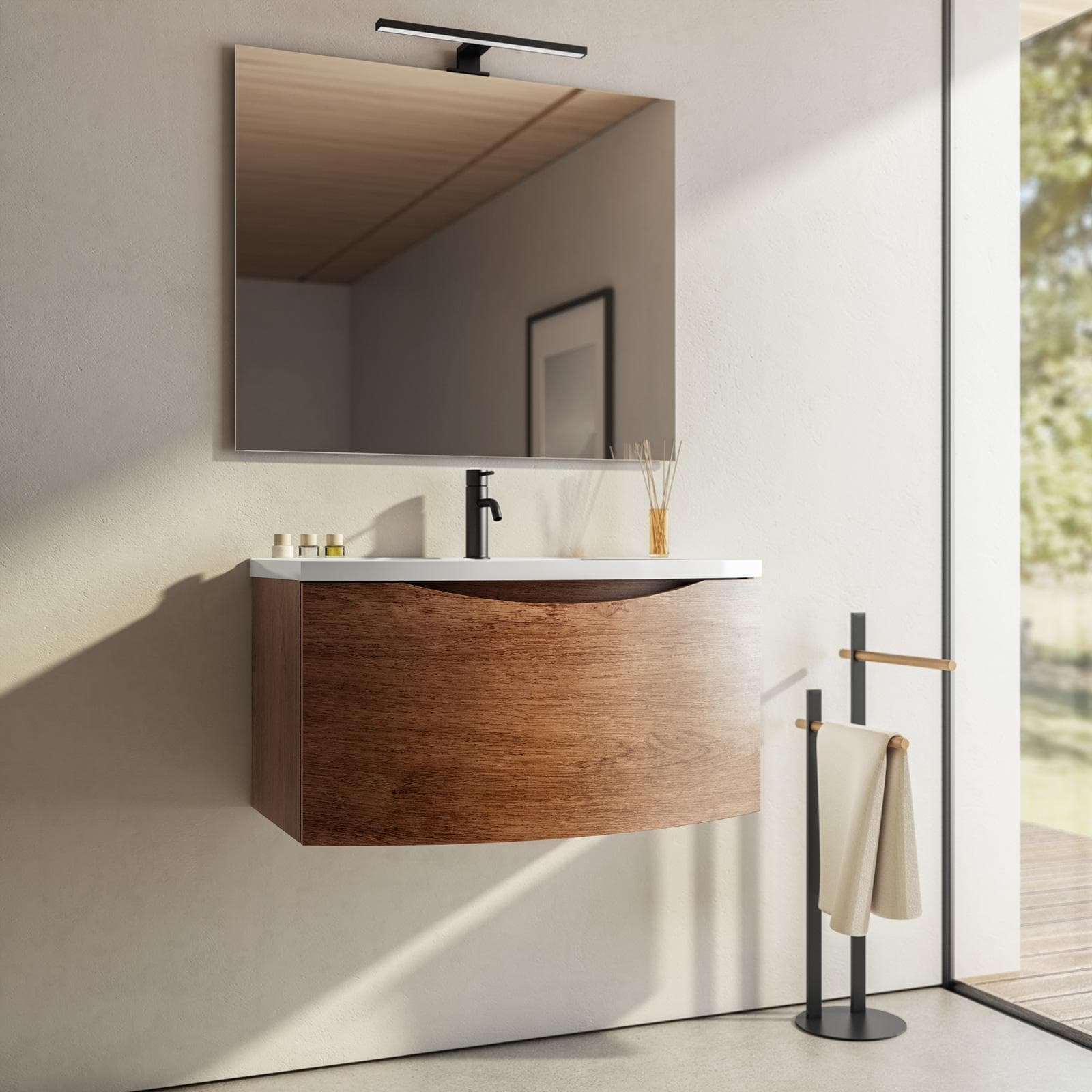 Mobile bagno sospeso 80 cm effetto legno di noce con specchio - Jasmine