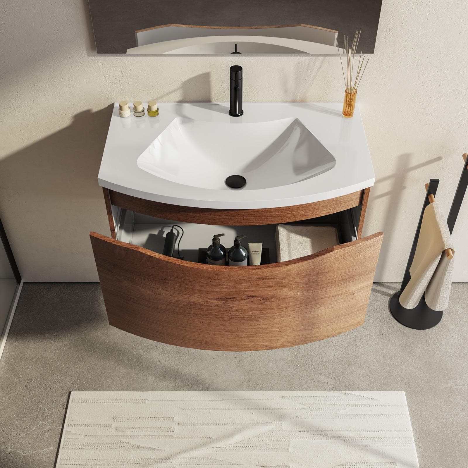 Mobile bagno sospeso 80 cm effetto legno di noce con specchio - Jasmine