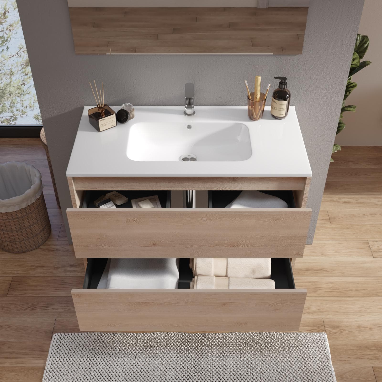 Mobile bagno sospeso 80 cm rovere atlas con cassetti e lavabo con specchio - Medora