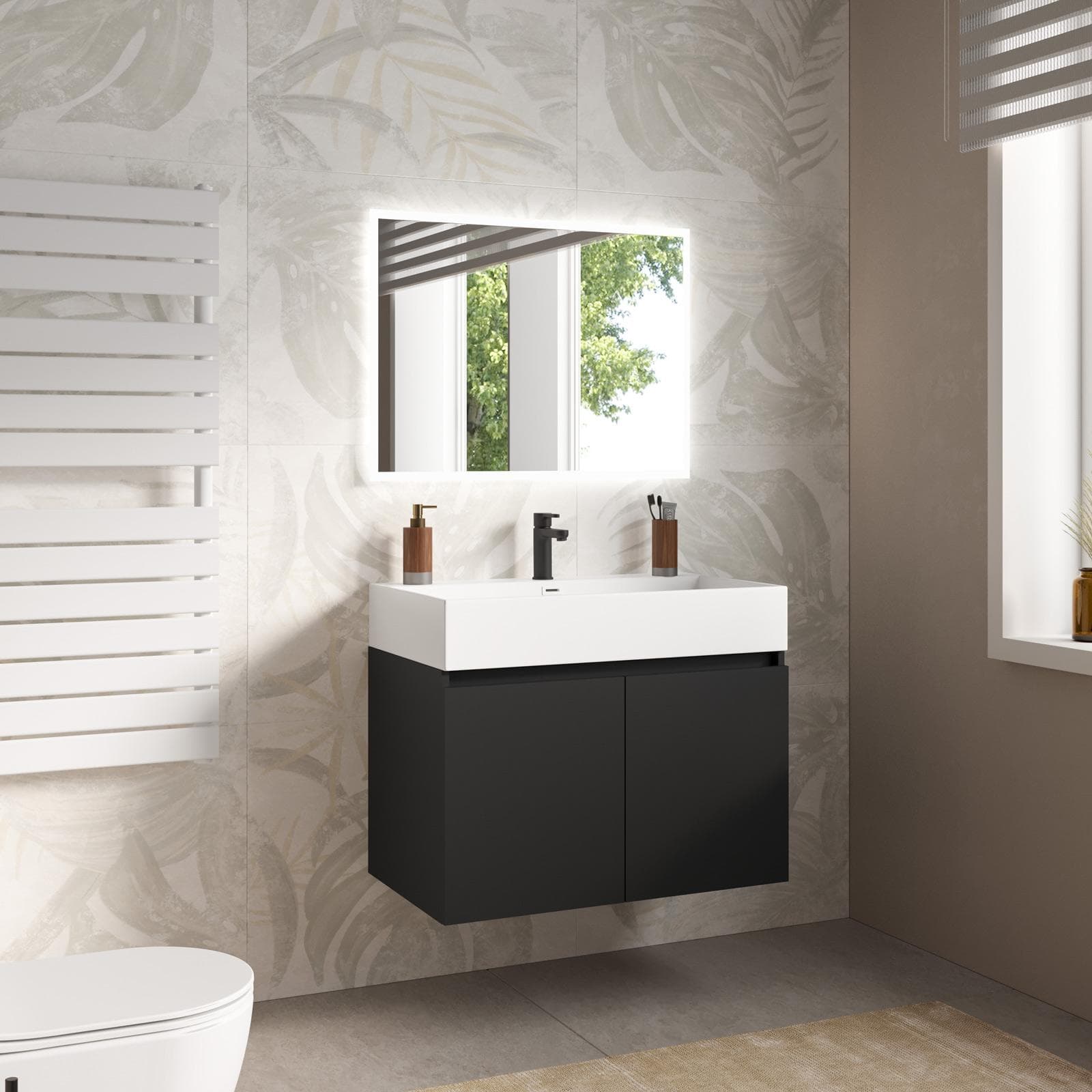 Mobile bagno sospeso 80 cm nero opaco con lavabo integrato e specchio - Cuki