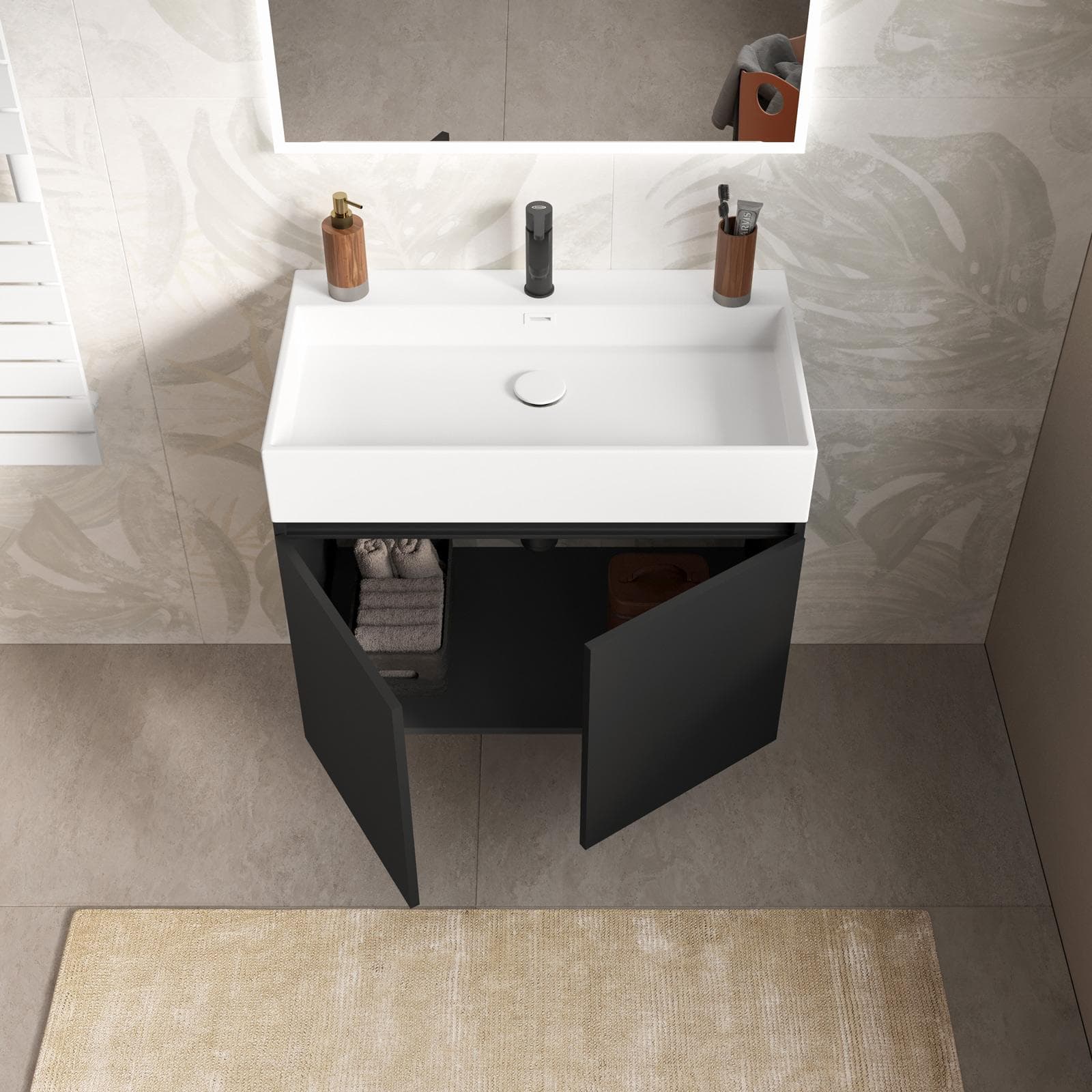 Mobile bagno sospeso 80 cm nero opaco con lavabo integrato e specchio - Cuki