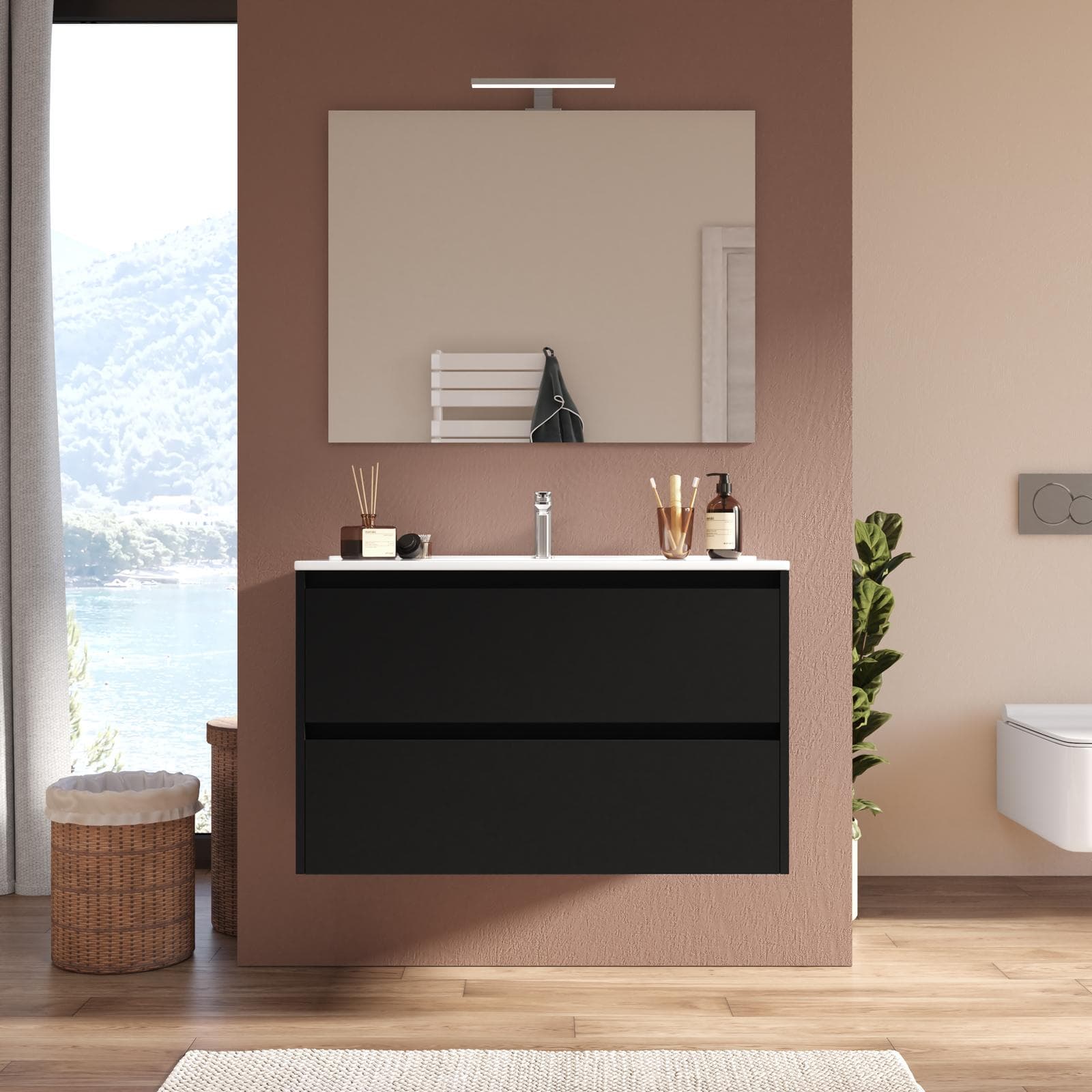 Mobile bagno sospeso 80 cm nero satinato con cassetti e lavabo con specchio - Medora