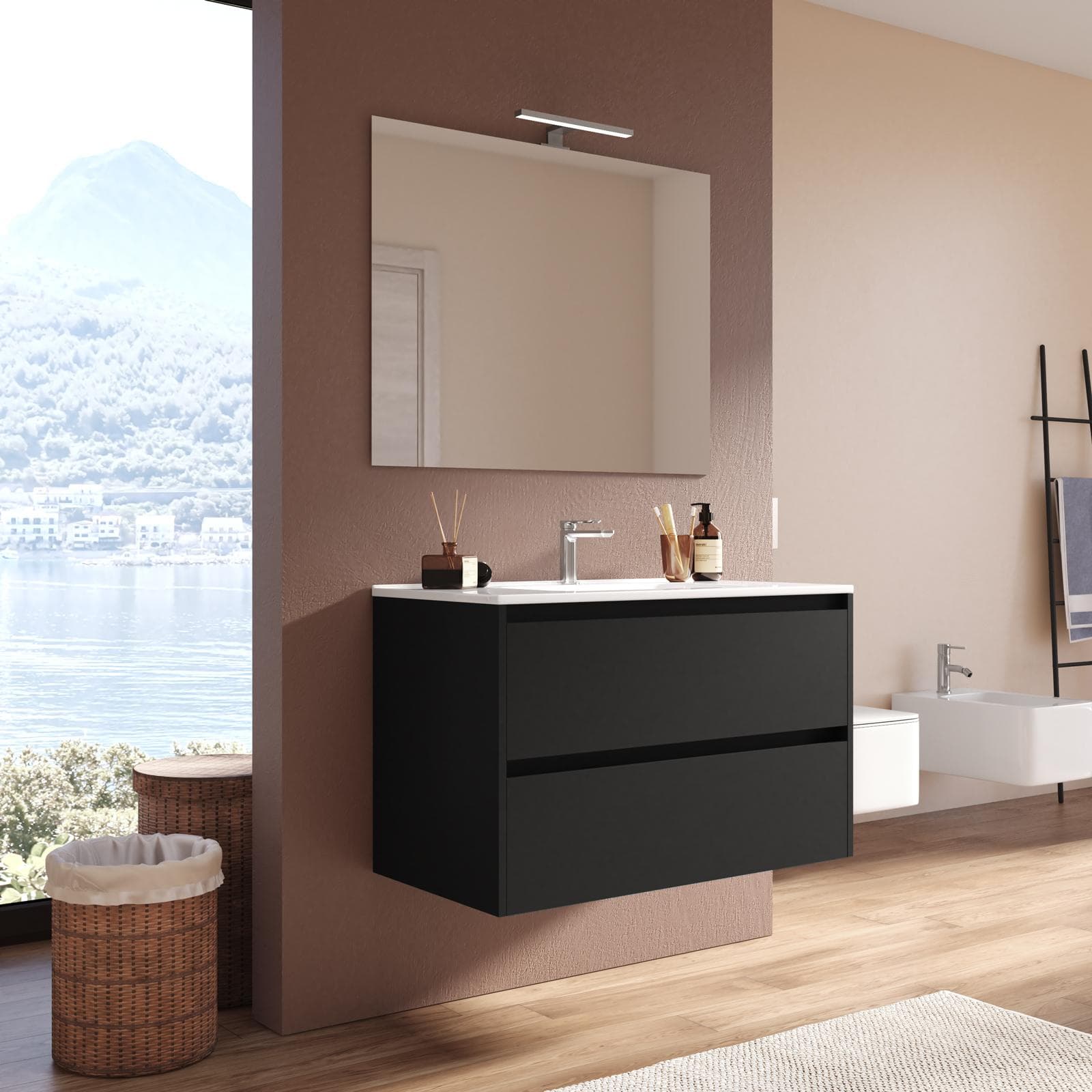 Mobile bagno sospeso 80 cm nero satinato con cassetti e lavabo con specchio - Medora