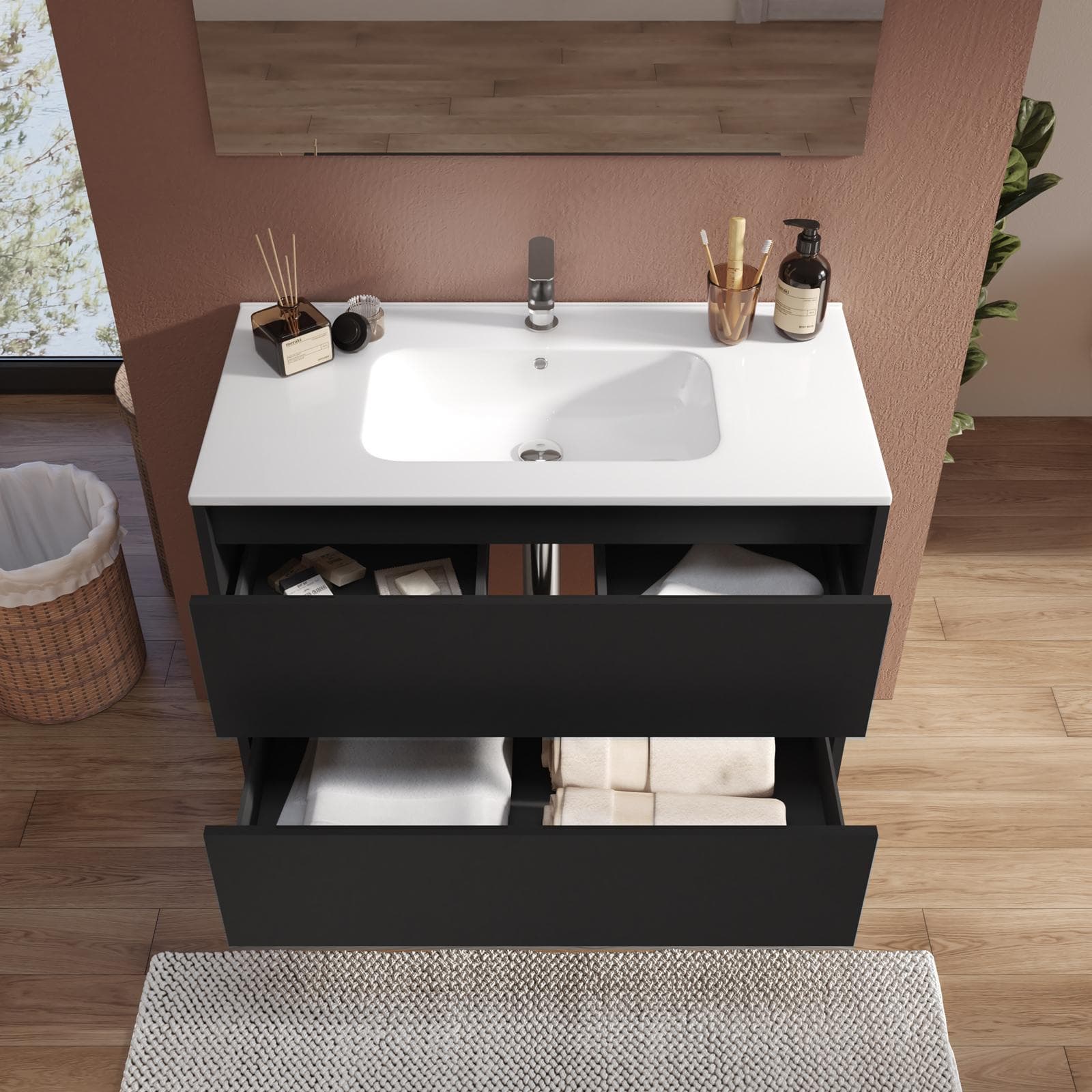 Mobile bagno sospeso 80 cm nero satinato con cassetti e lavabo con specchio - Medora