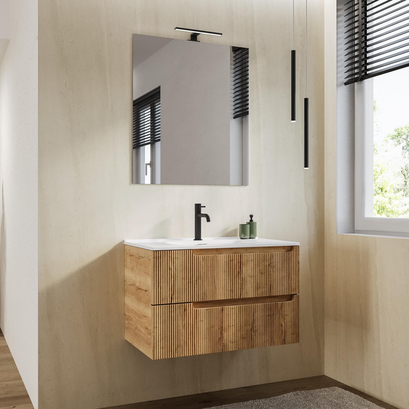 Mobile bagno sospeso 80 cm rovere acero cannettato con lavabo e specchio - Konai plus
