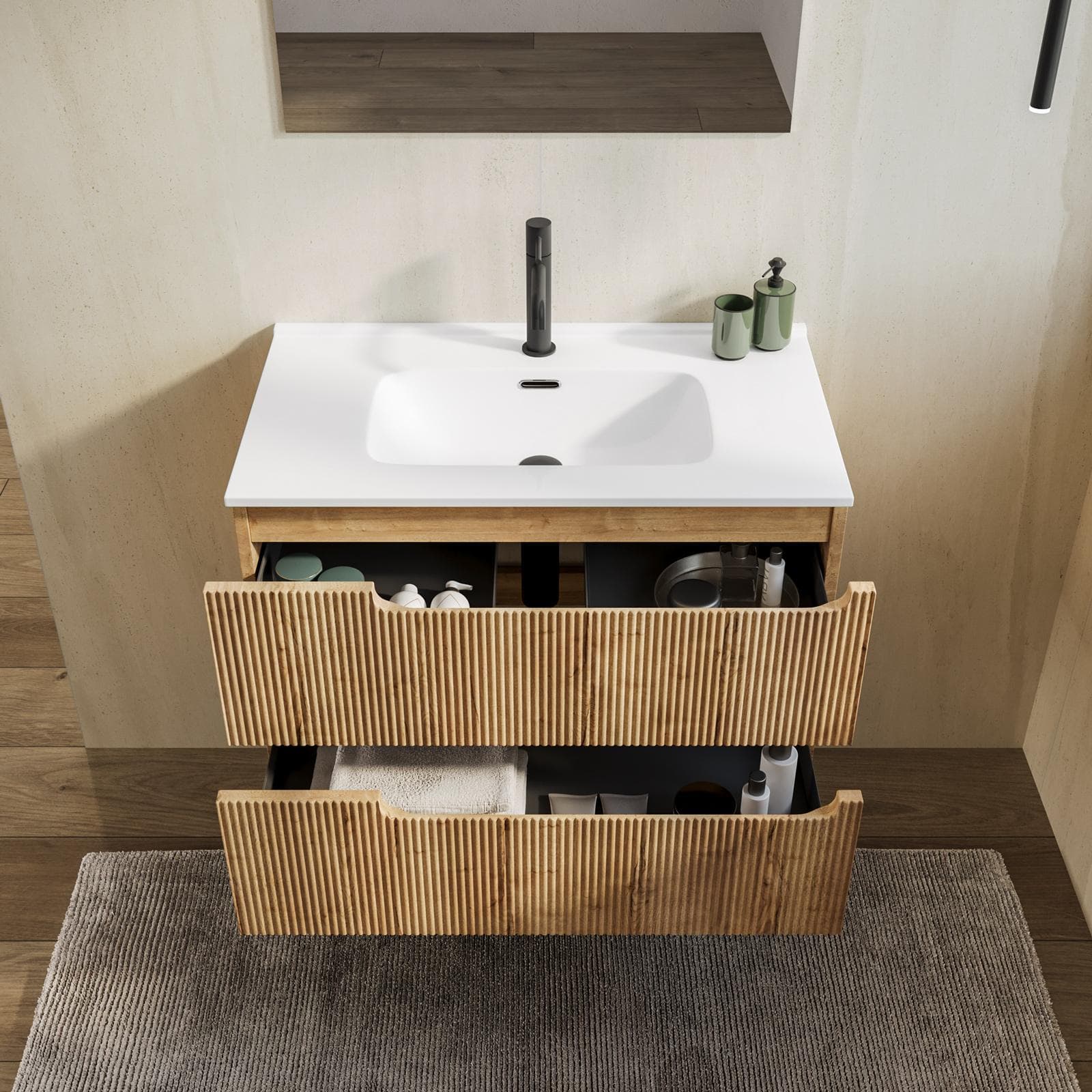 Mobile bagno sospeso 80 cm rovere acero cannettato con lavabo e specchio - Konai plus