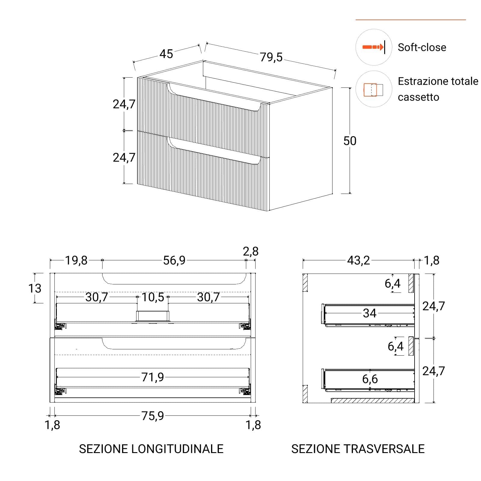 Mobile bagno sospeso 80 cm rovere acero cannettato con lavabo e specchio - Konai plus