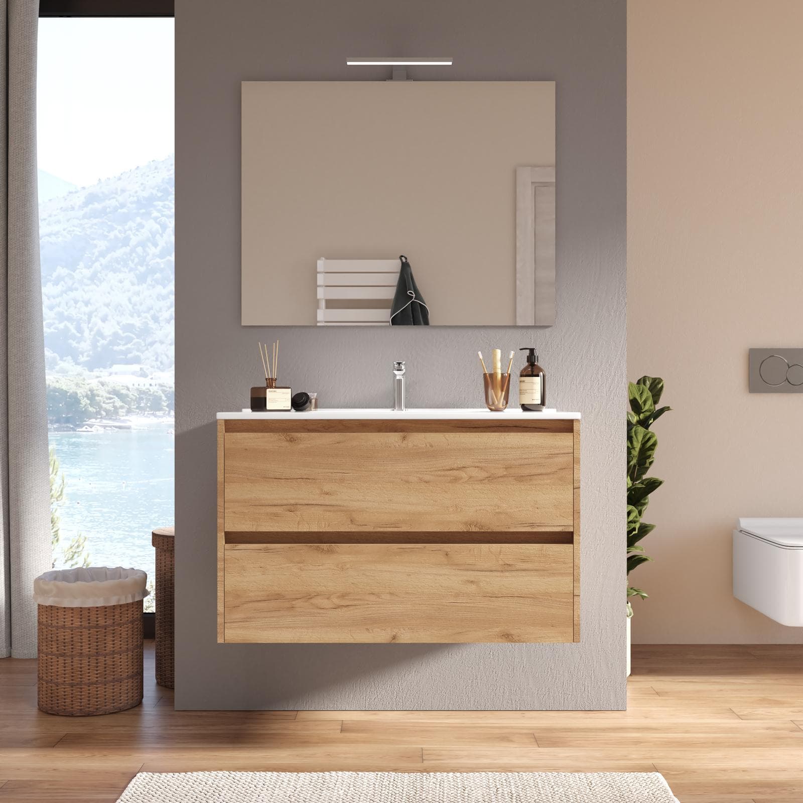 Mobile bagno sospeso 80 cm rovere africa con cassetti e lavabo con specchio - Medora