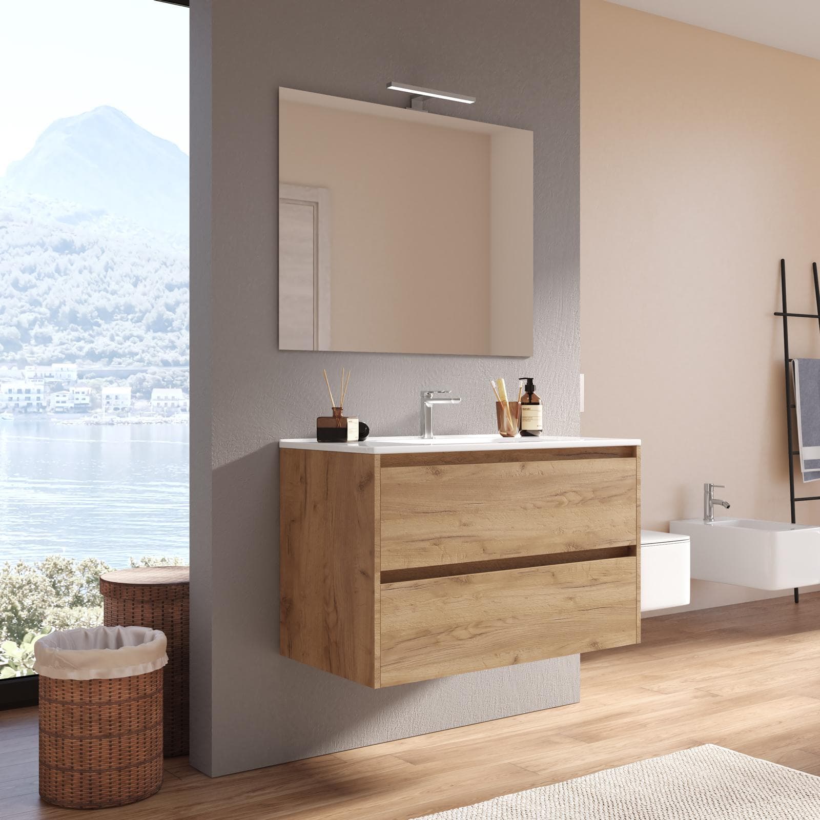 Mobile bagno sospeso 80 cm rovere africa con cassetti e lavabo con specchio - Medora