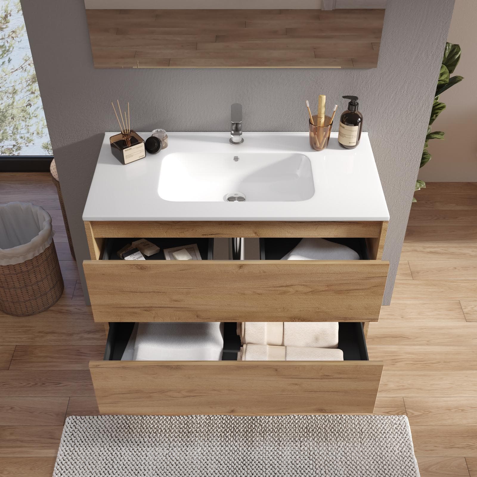 Mobile bagno sospeso 80 cm rovere africa con cassetti e lavabo con specchio - Medora