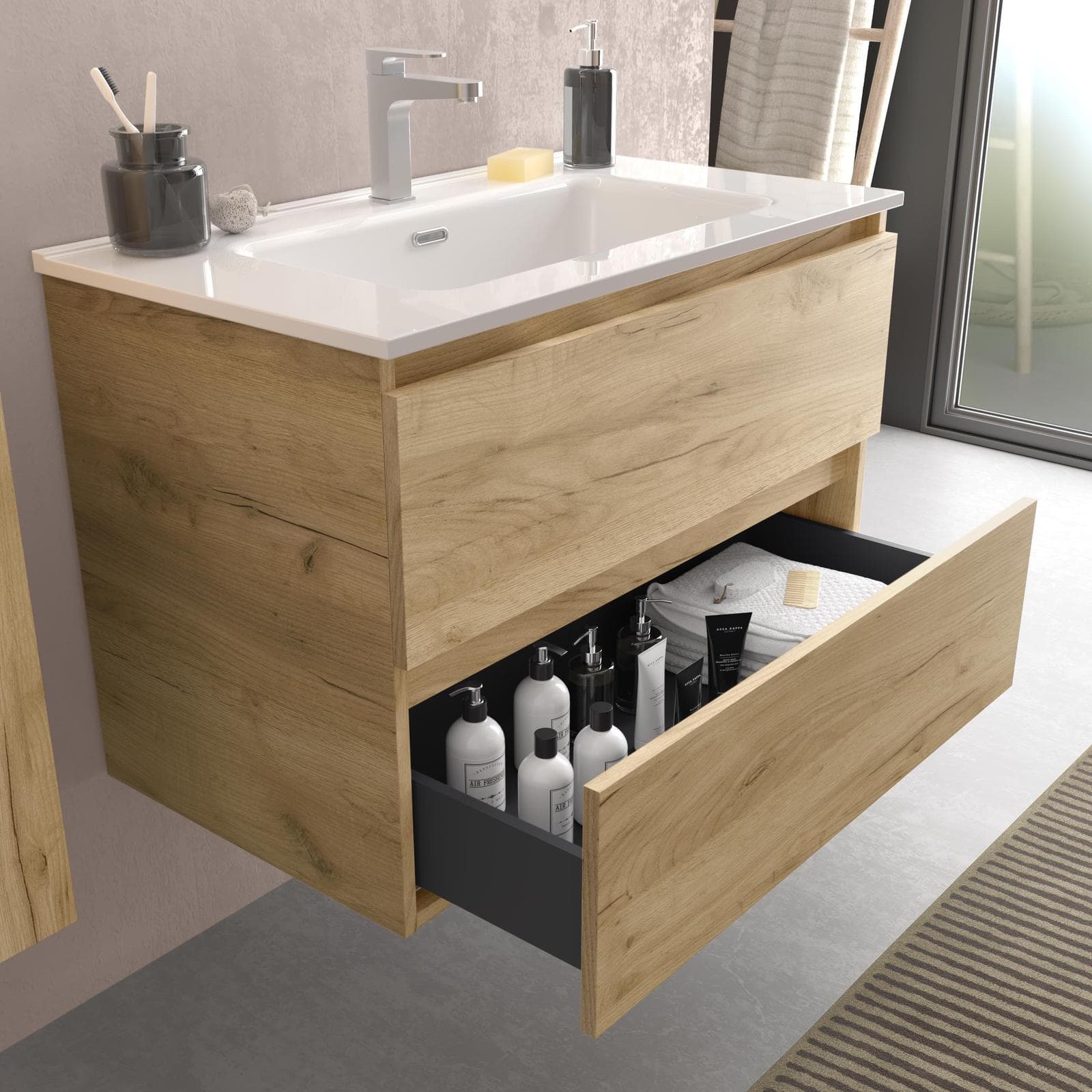 Mobile bagno sospeso 80 cm rovere africa con lavabo integrato e specchio - Anami