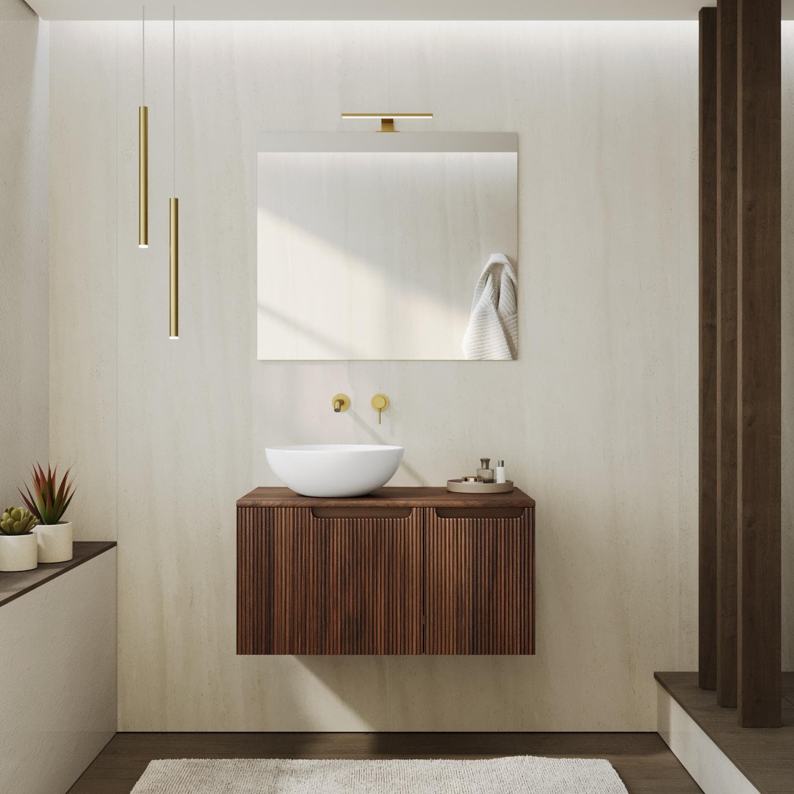 Mobile bagno sospeso 80 cm rovere deciso cannettato con top e specchio - Konai