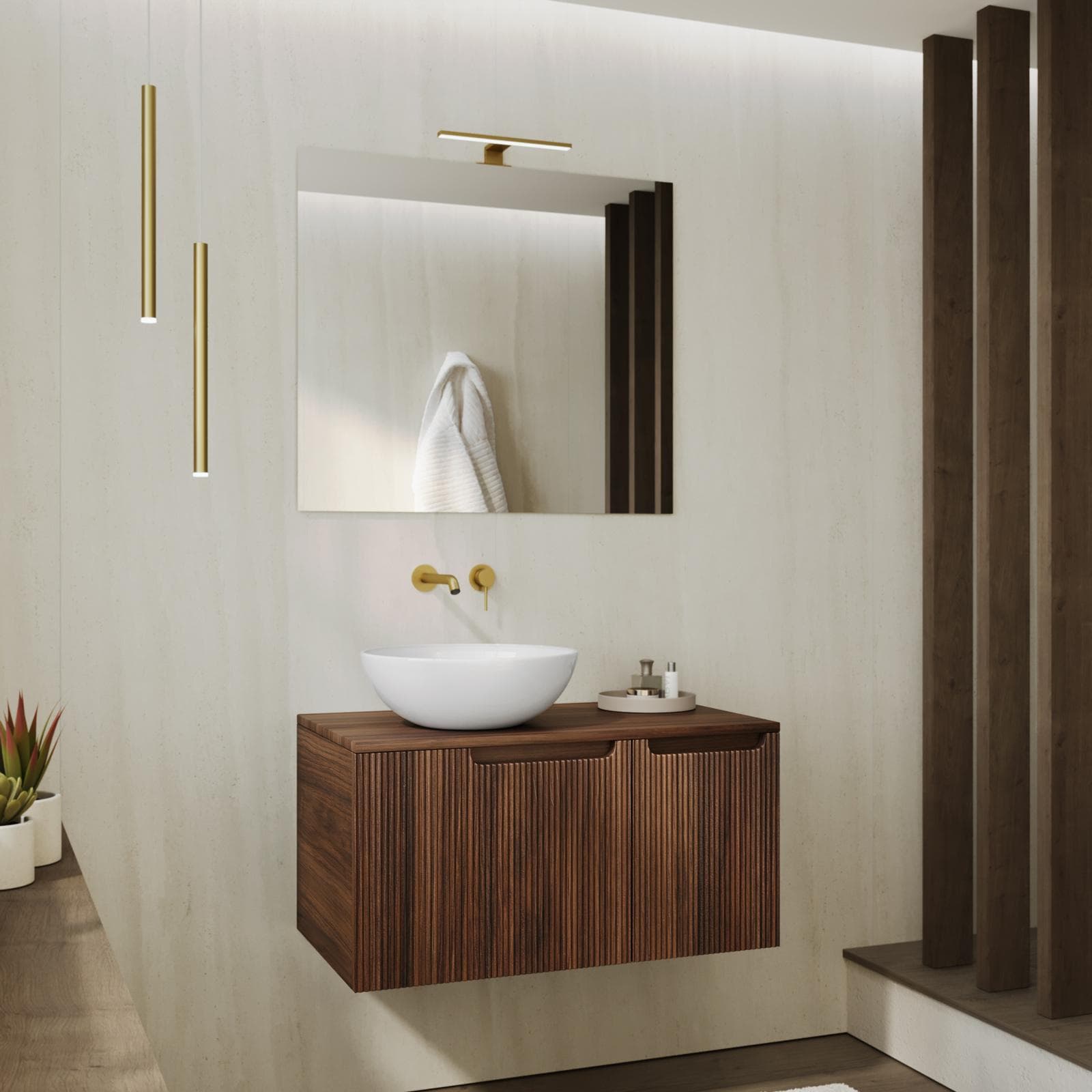 Mobile bagno sospeso 80 cm rovere deciso cannettato con top e specchio - Konai