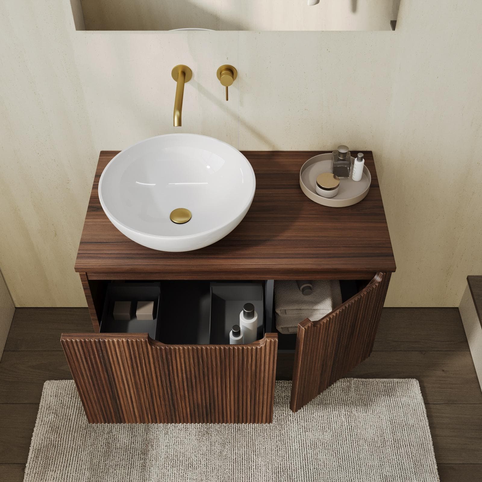 Mobile bagno sospeso 80 cm rovere deciso cannettato con top e specchio - Konai