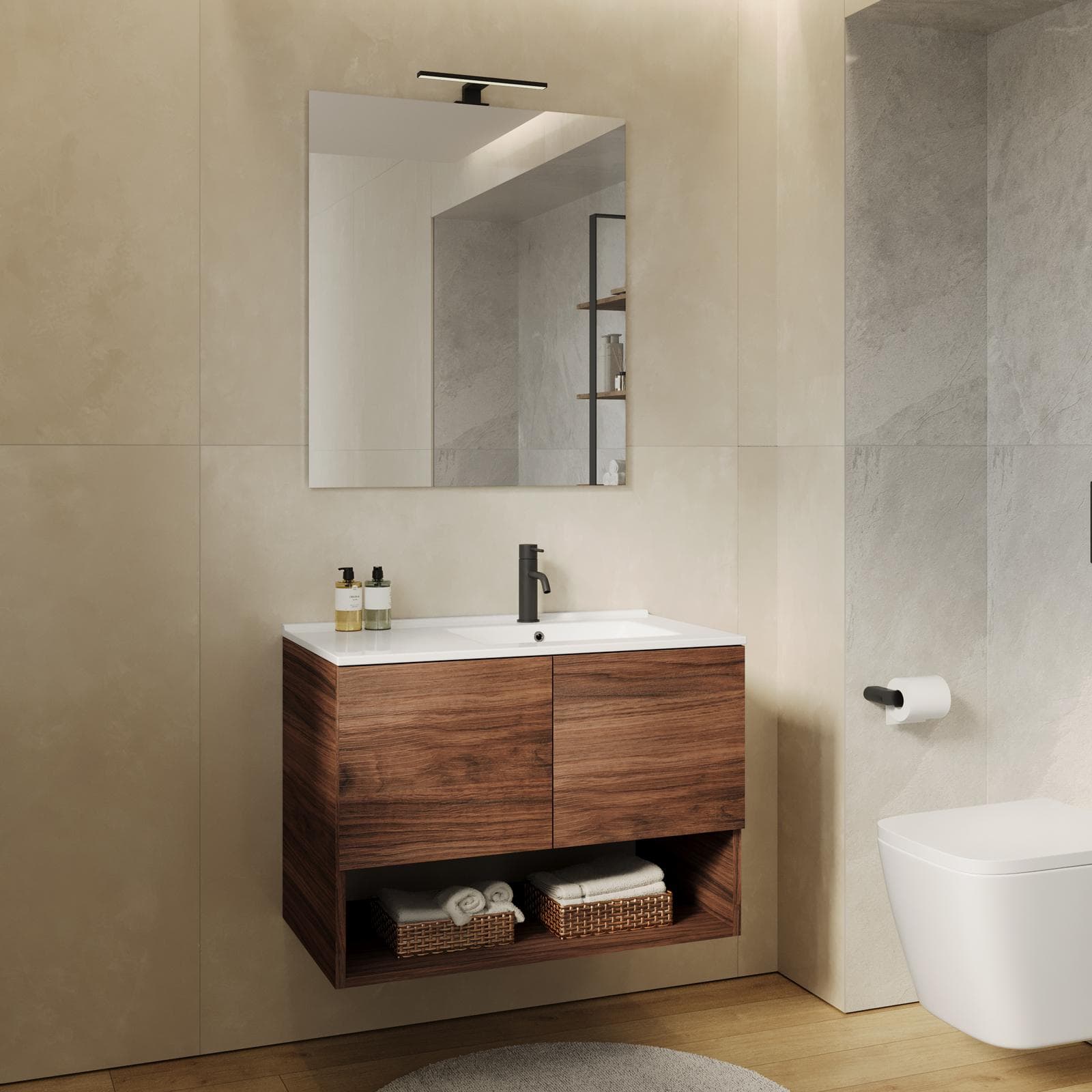 Mobile bagno sospeso 80 cm rovere deciso con lavabo dx e specchio - Lion