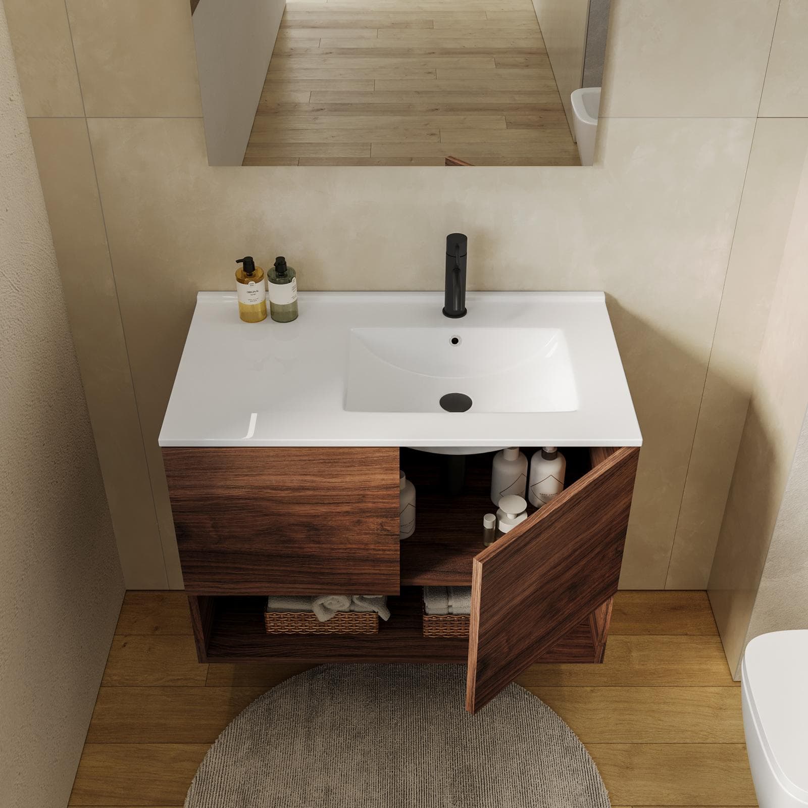 Mobile bagno sospeso 80 cm rovere deciso con lavabo dx e specchio - Lion