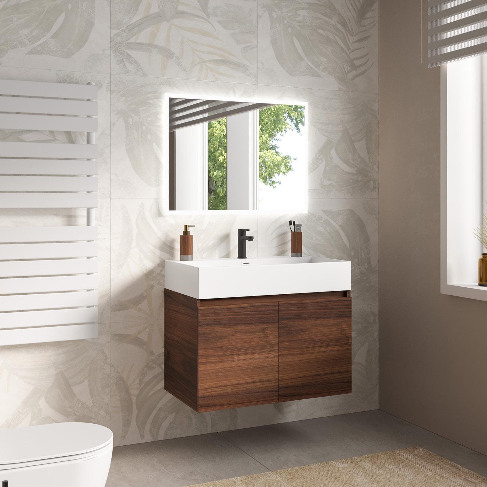 Mobile bagno sospeso 80 cm rovere deciso con lavabo integrato e specchio - Cuki