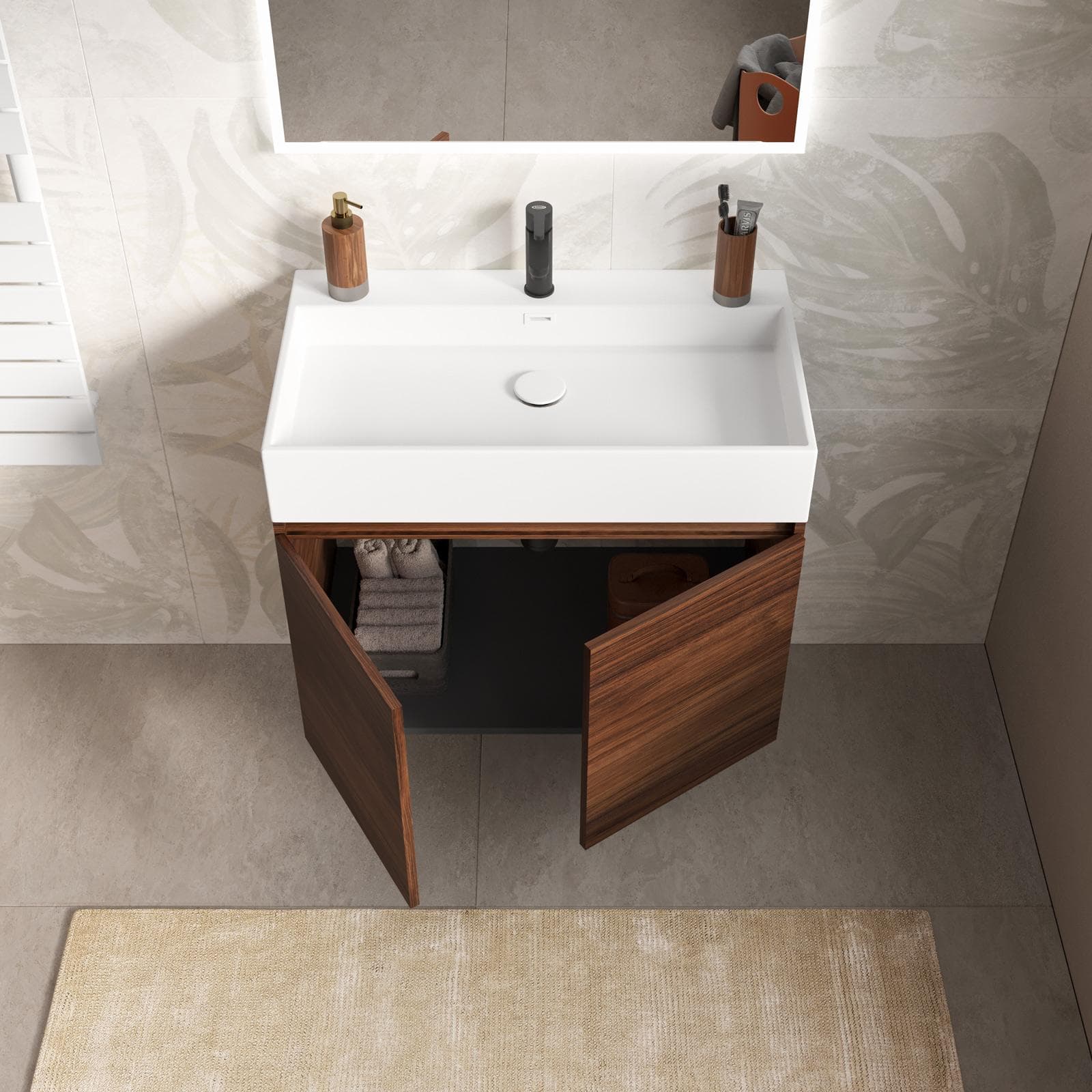 Mobile bagno sospeso 80 cm rovere deciso con lavabo integrato e specchio - Cuki