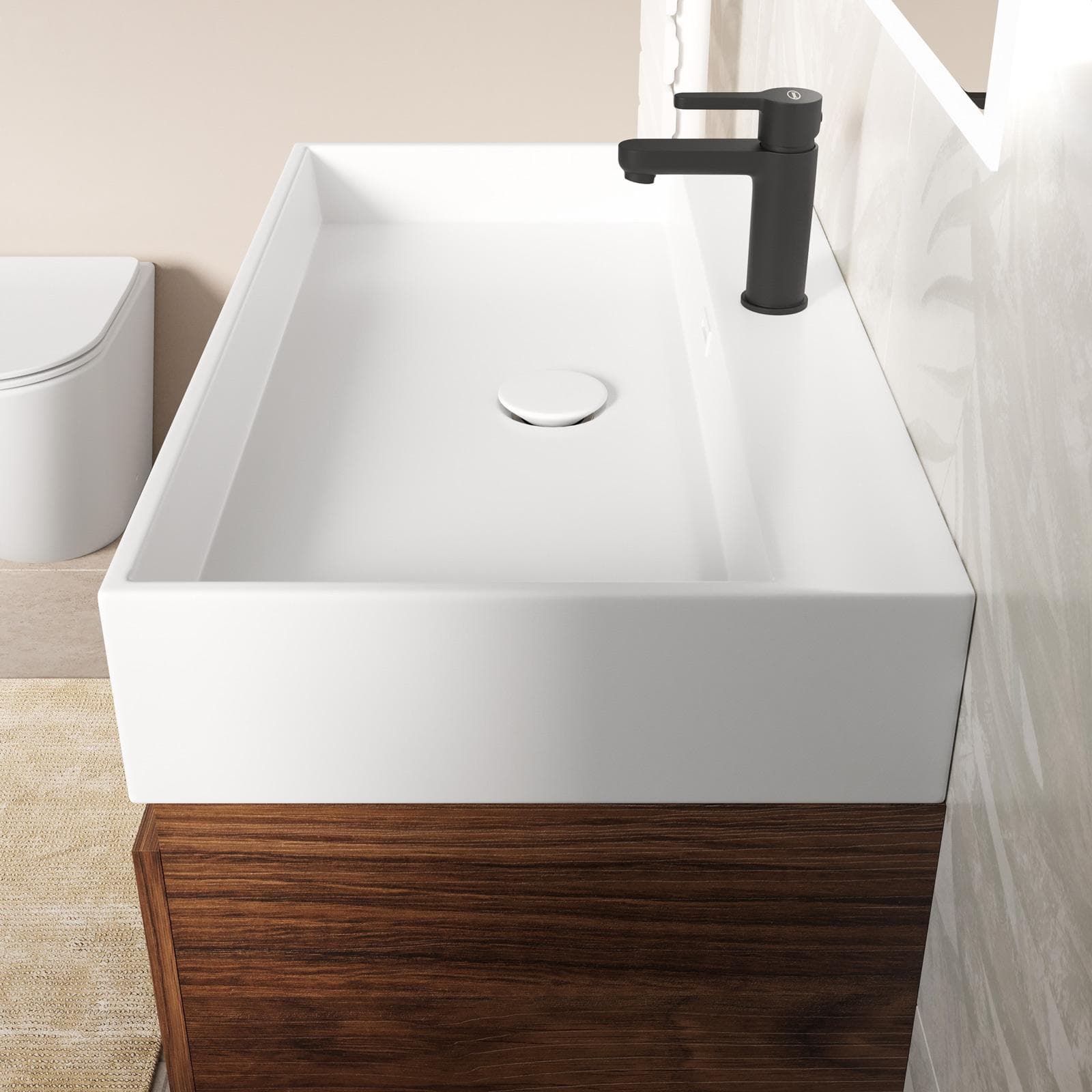 Mobile bagno sospeso 80 cm rovere deciso con lavabo integrato e specchio - Cuki