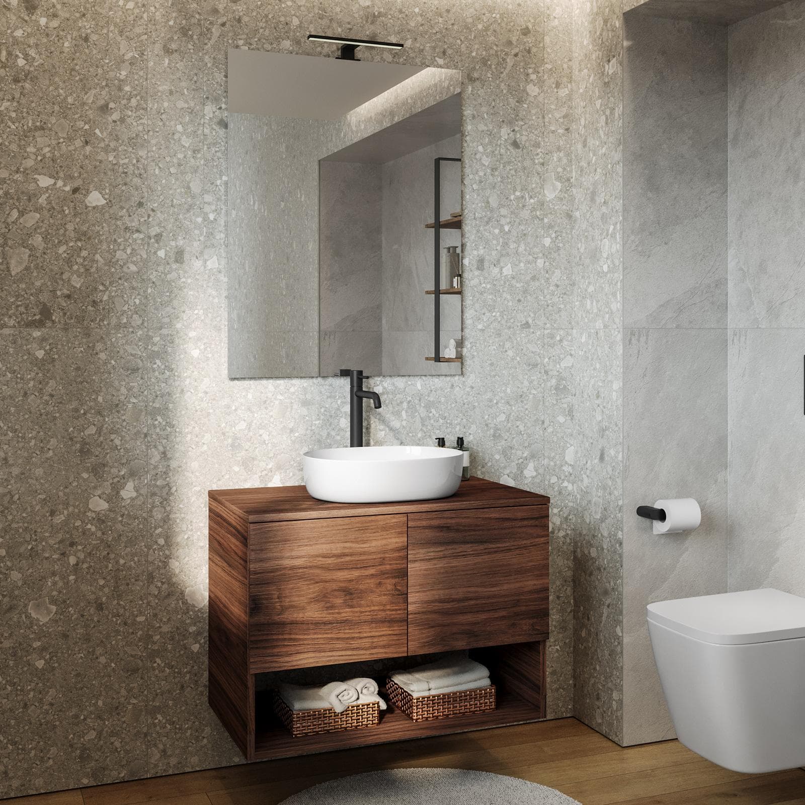 Mobile bagno sospeso 80 cm rovere deciso con top e specchio - Lion
