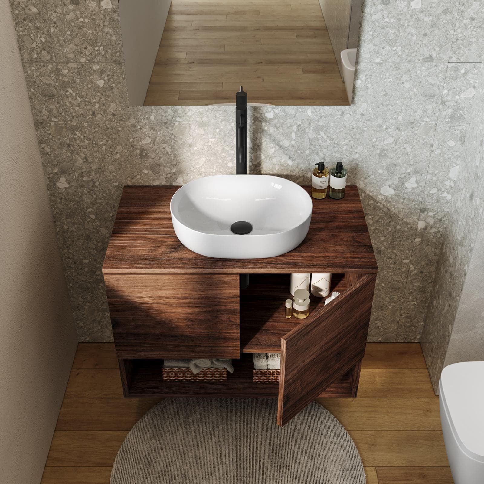 Mobile bagno sospeso 80 cm rovere deciso con top e specchio - Lion