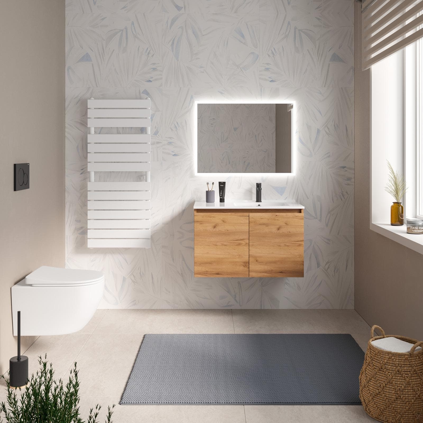 Mobile bagno sospeso 80 cm rovere gold con ante e lavabo dx con specchio - Cuki