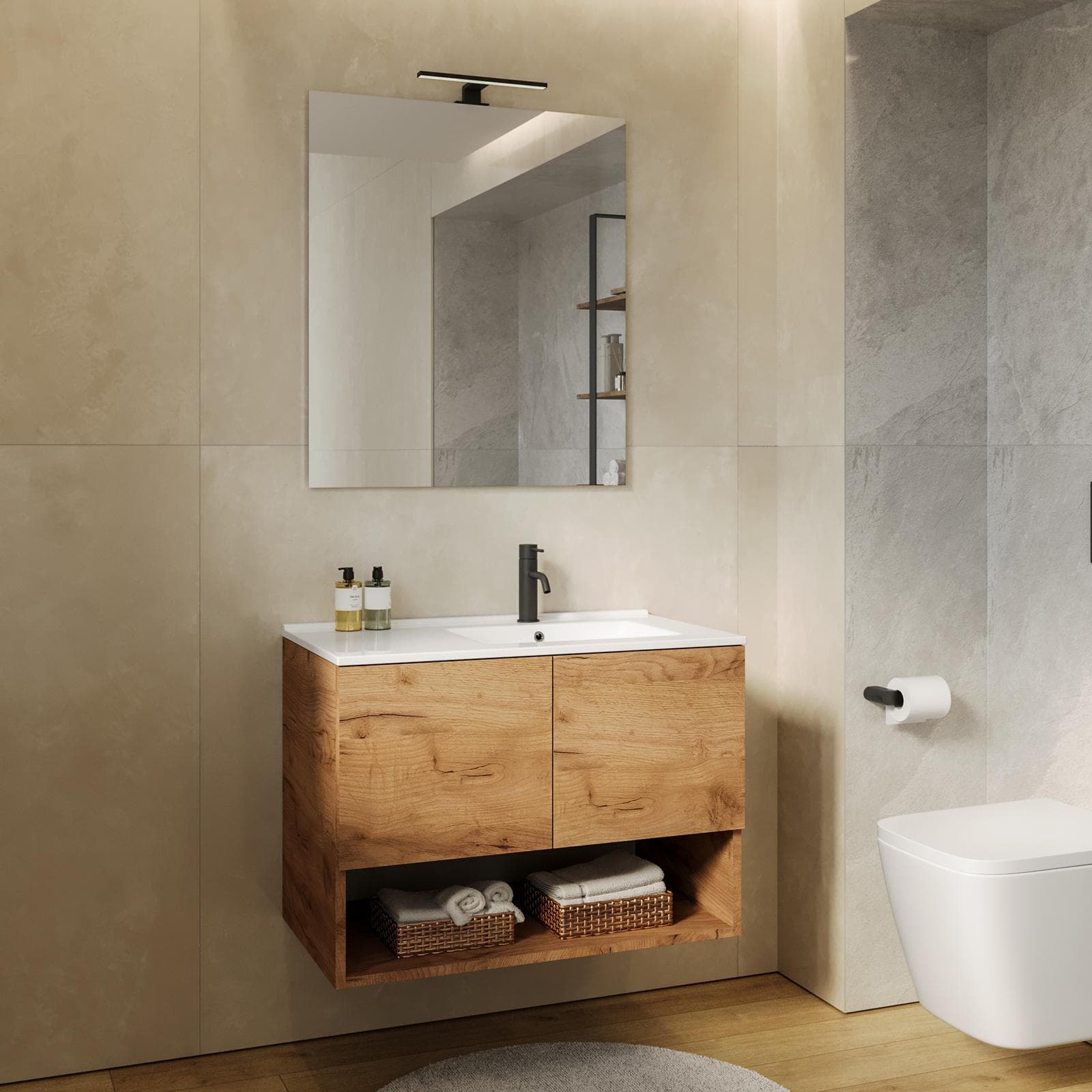 Mobile bagno sospeso 80 cm rovere gold con lavabo dx e specchio - Lion